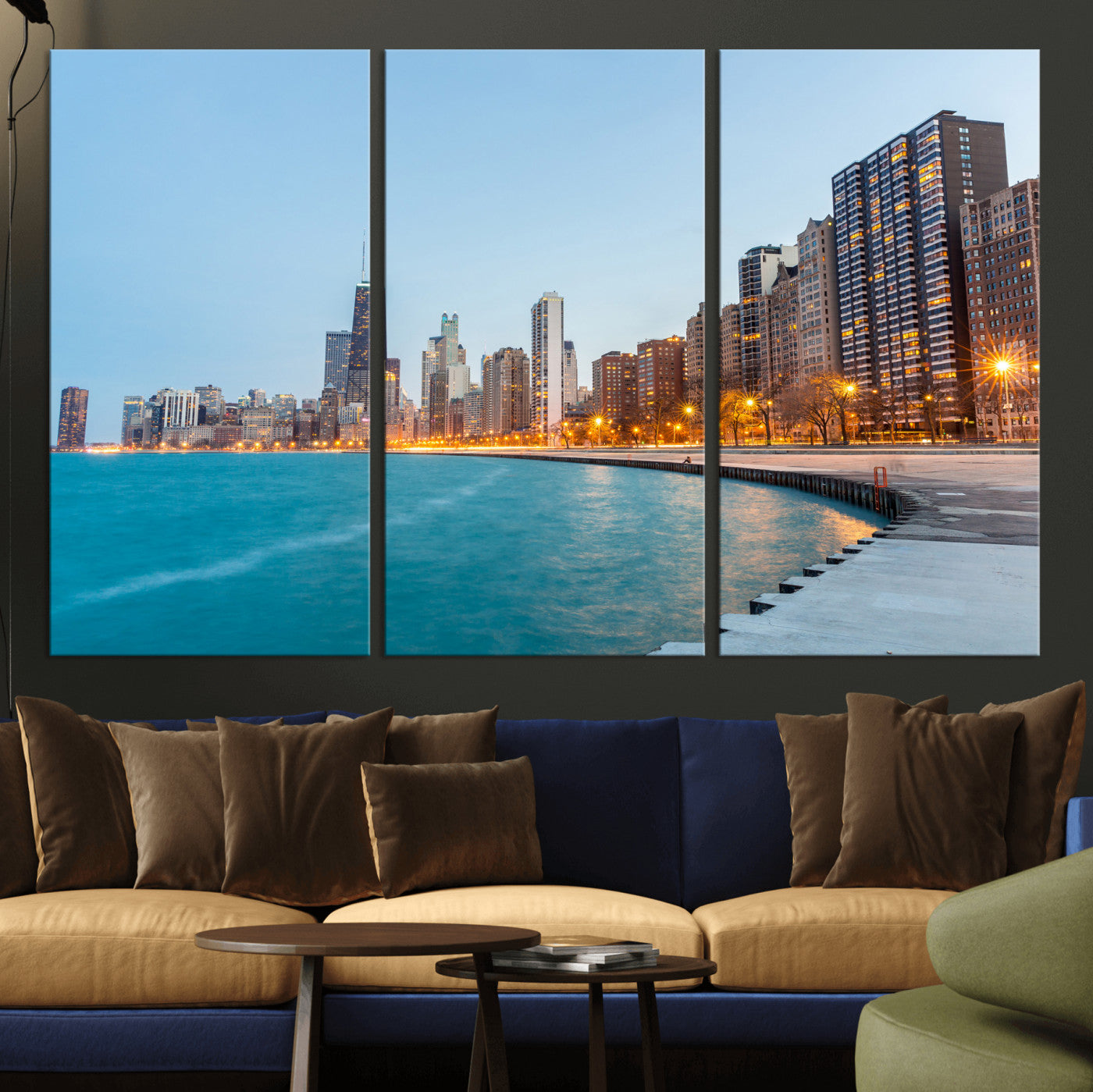 66780141-MGV-CV-36X24 - Chicago Wall Art Canvas Print, Chicago City Downtown Night Cityscape Print for Modern Urban Wall Decor