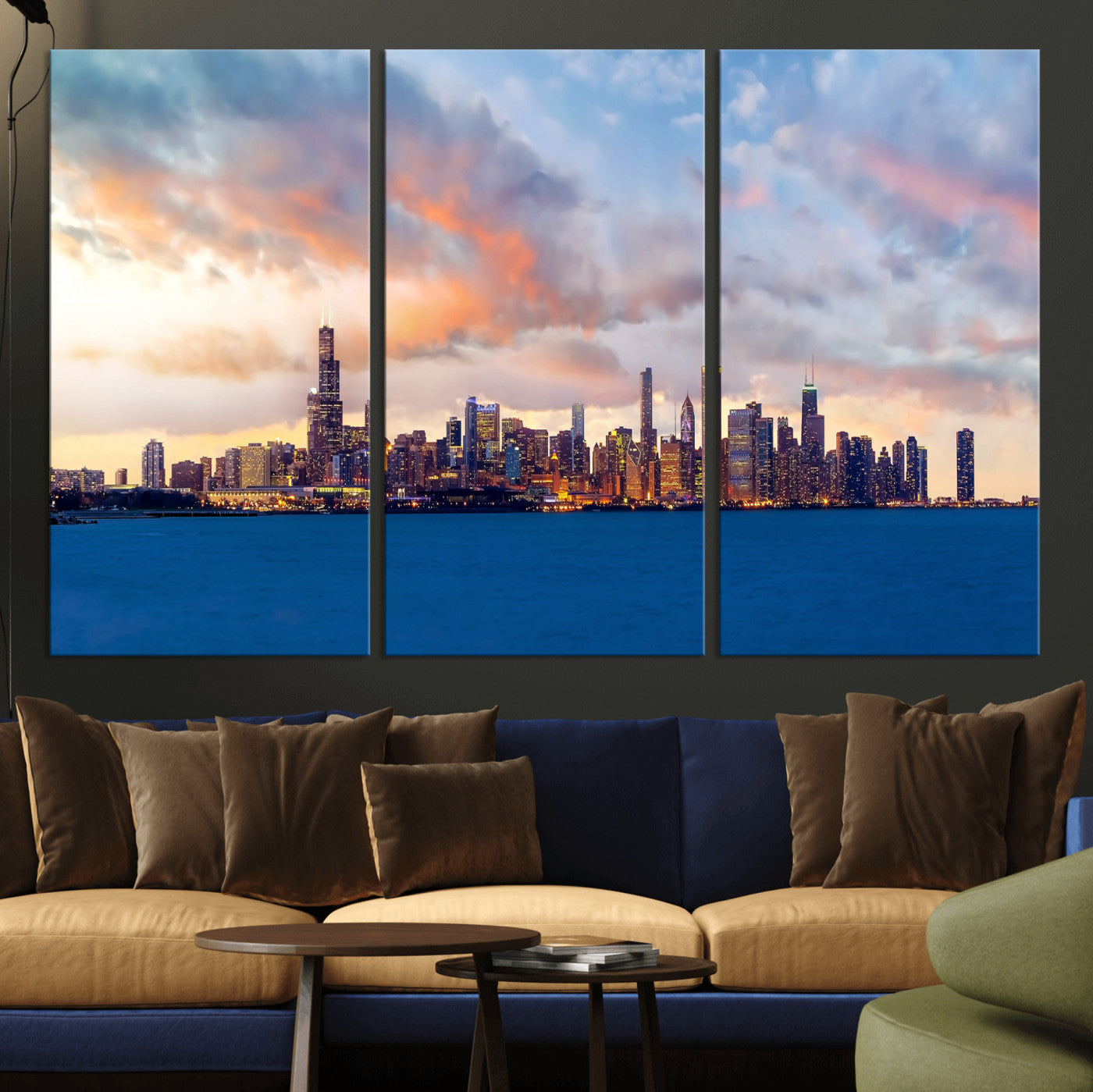 34667960-MGV-CV-36X24 - Chicago Wall Art Canvas Print, Chicago City Downtown Night Cityscape Print for Modern Urban Wall Decor