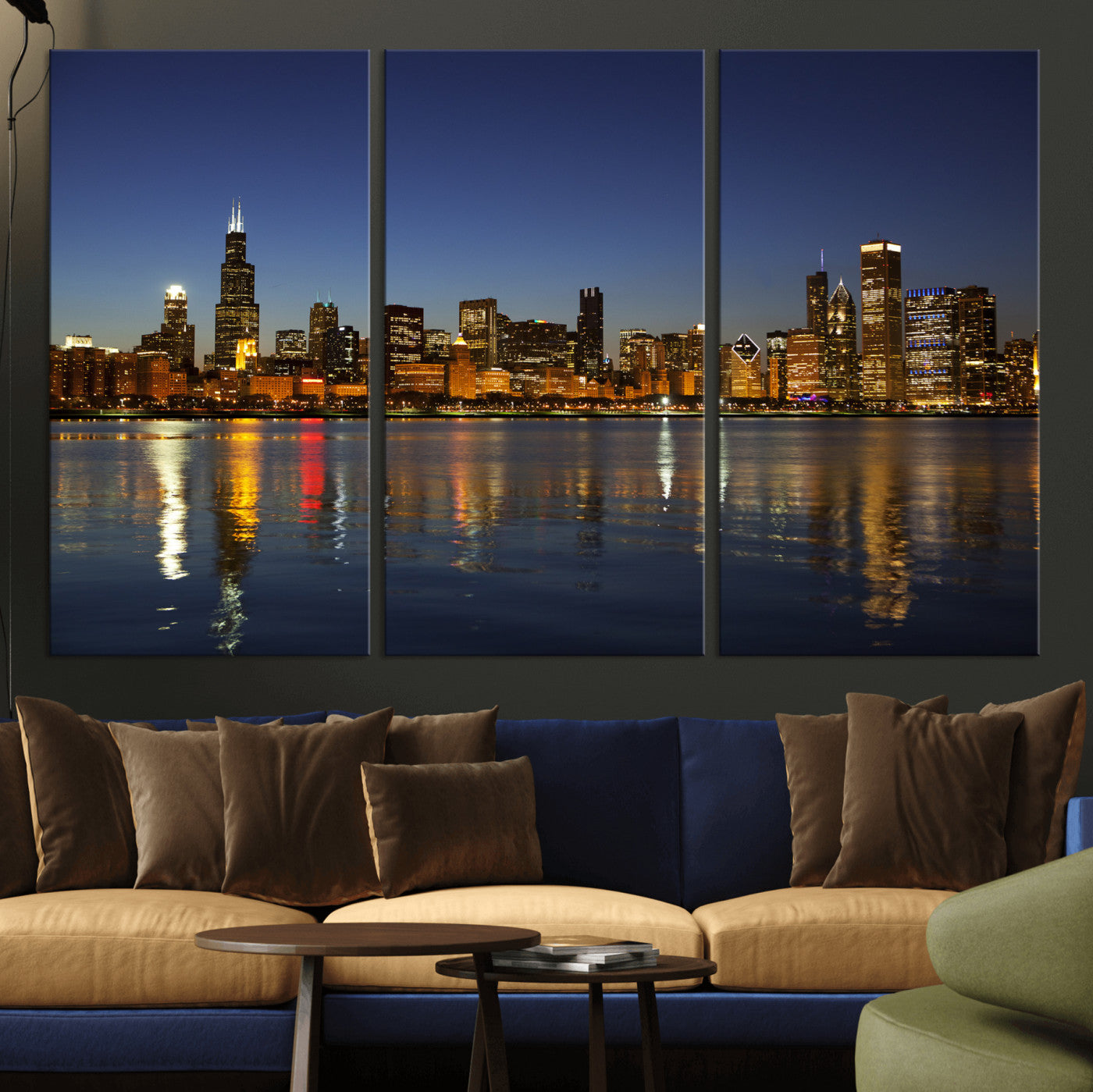 67308035-MGV-CV-36X24 - Chicago Wall Art Canvas Print, Chicago City Downtown Night Cityscape Print for Modern Urban Wall Decor