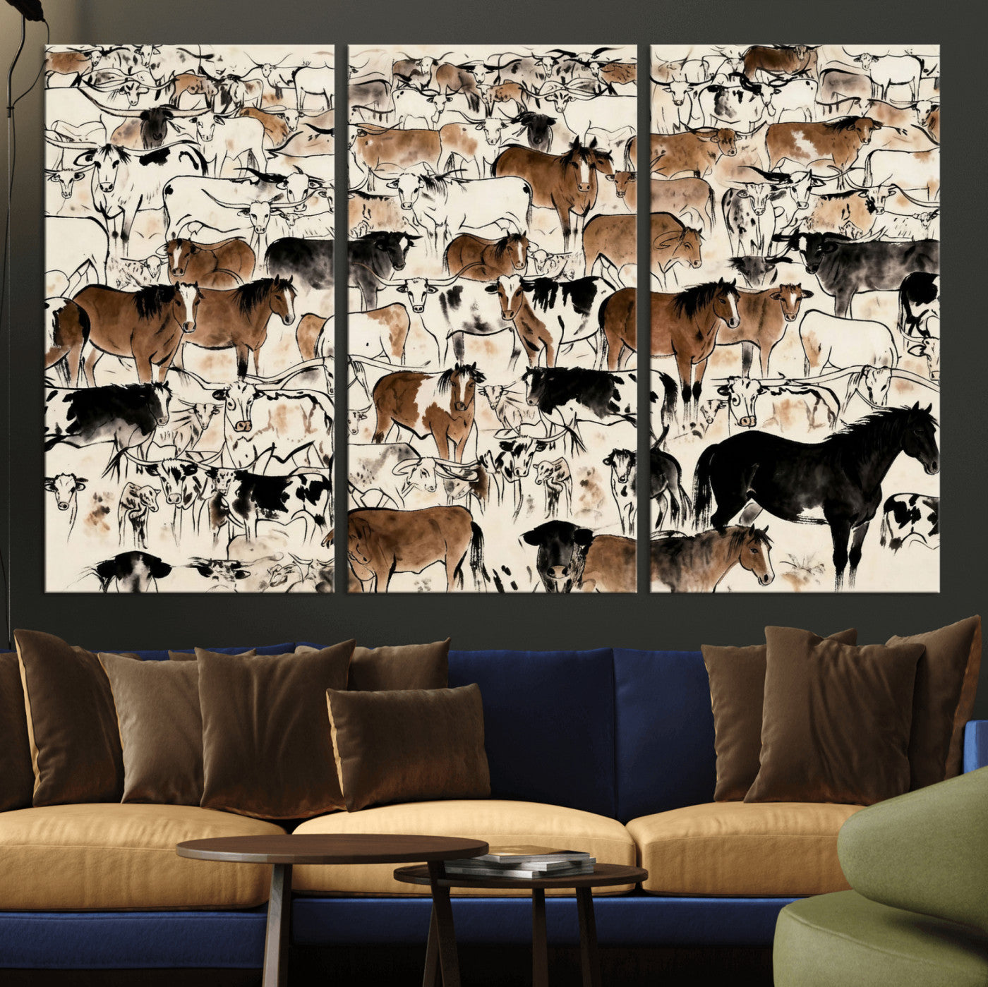86150485-MGV-CV-36X24 - Farmhouse Animals Wall Art Canvas Print - Abstract Farm Animal Drawing Mid-Century Wall Art for Cabin Decor