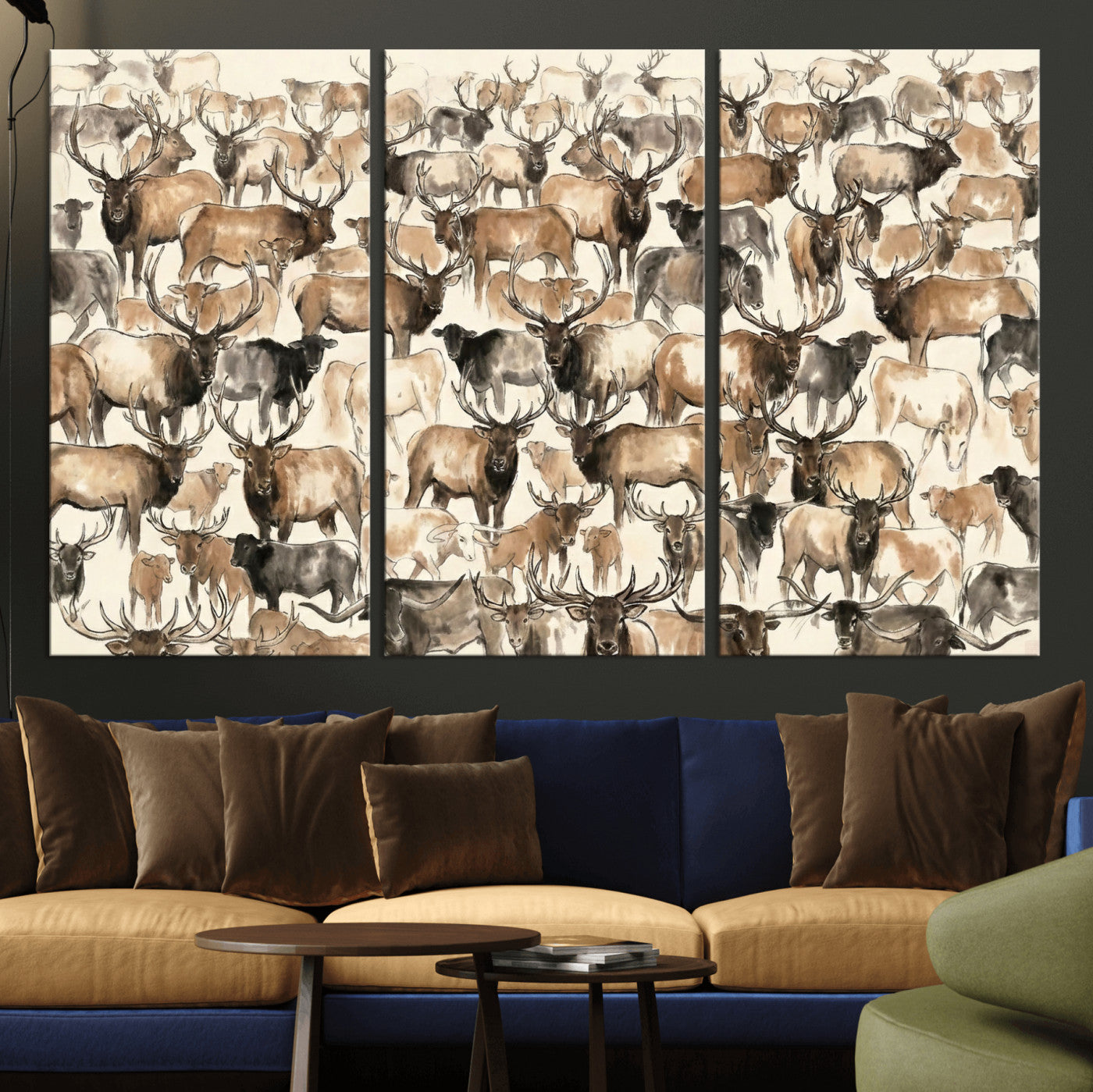 24374881-MGV-CV-36X24 - Farmhouse Animals Wall Art Canvas Print - Abstract Farm Animal Drawing Mid-Century Wall Art for Cabin Decor