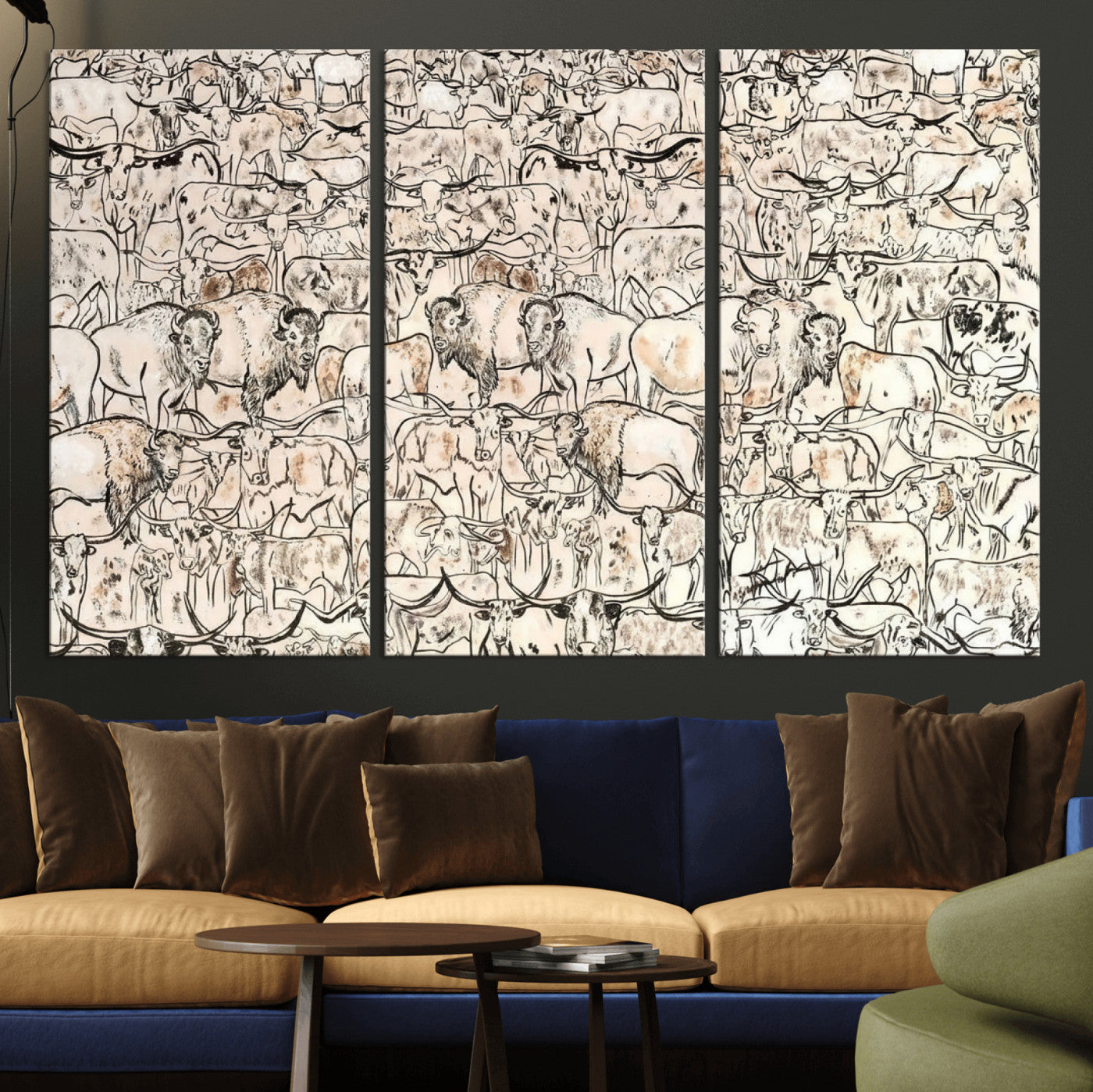36925875-MGV-CV-36X24 - Farmhouse Animals Wall Art Canvas Print - Abstract Farm Animal Drawing Mid-Century Wall Art for Cabin Decor
