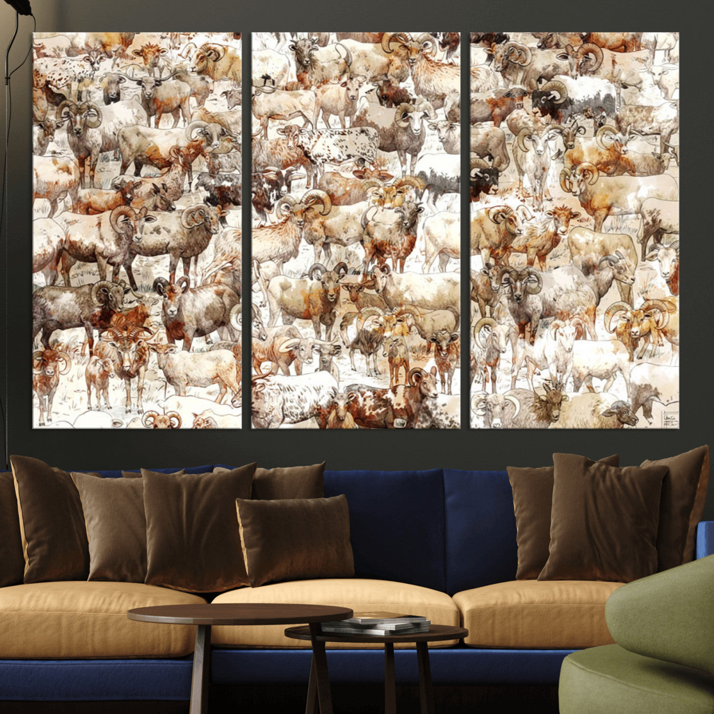 95103864-MGV-CV-36X24 - Farmhouse Animals Wall Art Canvas Print - Abstract Farm Animal Drawing Mid-Century Wall Art for Cabin Decor
