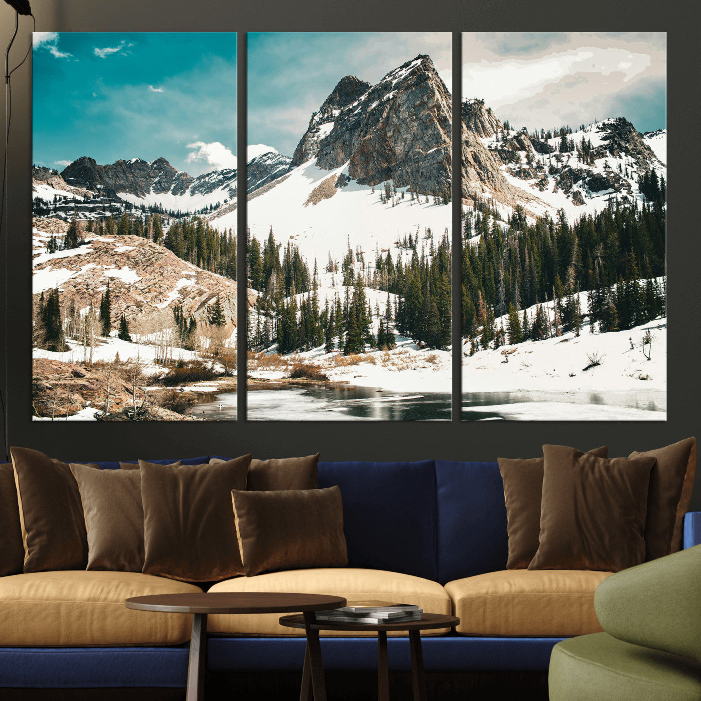 56837070-MGV-CV-36X24 - Snowy Mountain Landscape Wall Art Canvas Print, Alpine Pine Forest Winter Nature Wall Decor for Living Room and Office