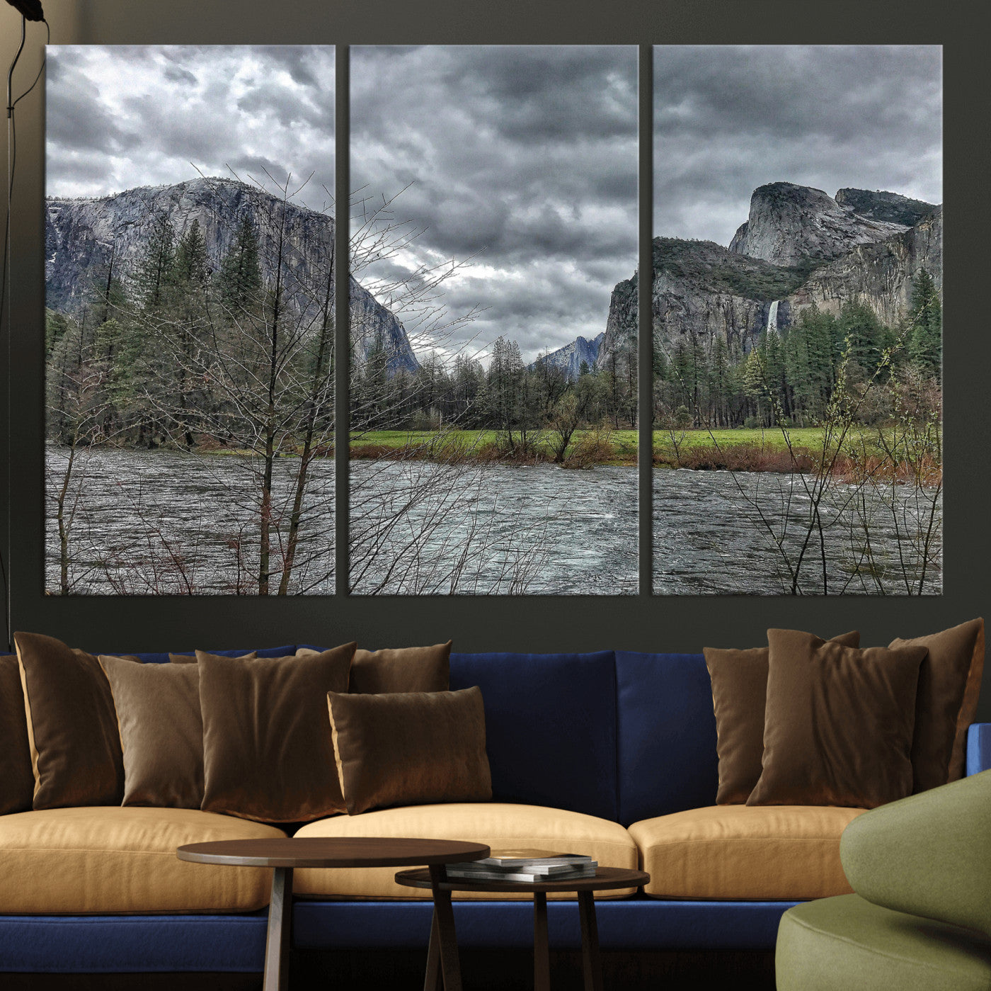 75582552-MGV-CV-36X24 - Yosemite Valley River Landscape Wall Art Canvas Print, Granite Cliffs Forest River Canvas Print, California National Park Moody Scenic Art Printi