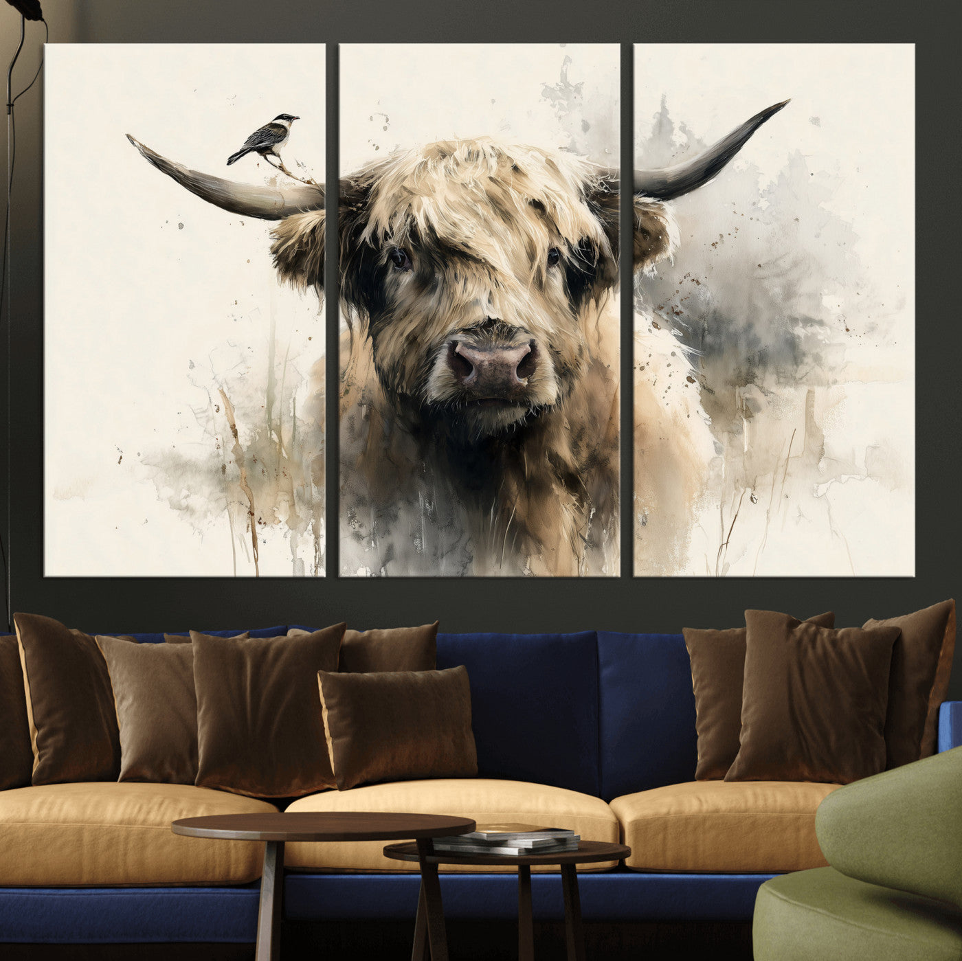 98249290-MGV-CV-36X24 - Abstract Highland Cow Watercolor Animal Wall Art Canvas Print, Rustic Farm Cattle Portrait Canvas Print, Neutral Wildlife Farmhouse Art Printing