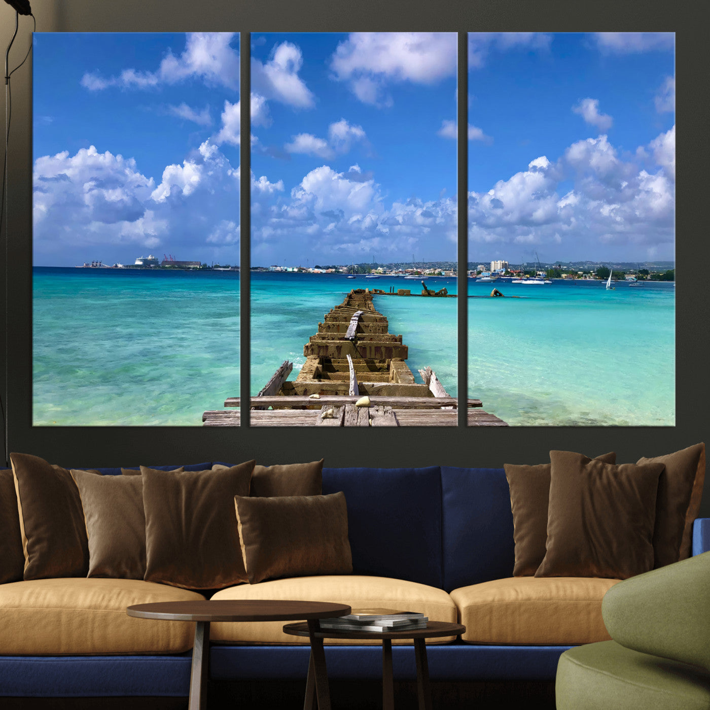 43165024-MGV-CV-36X24 - Caribbean Ocean Pier Seascape Wall Art Canvas Print, Turquoise Sea Tropical Harbor Canvas Print, Island Coastal Blue Water Scenic Art Printing