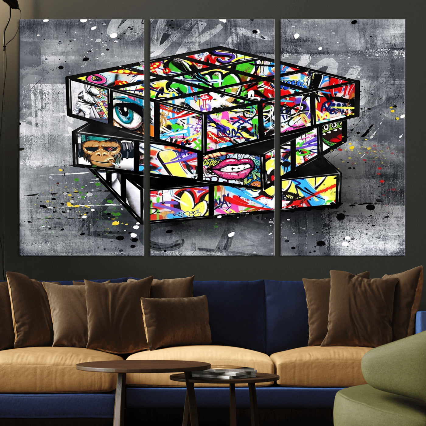 46789556-MGV-CV-36X24 - Graffiti Cube Abstract Street Art Wall Art Canvas Print, Colorful Urban Pop Art Geometric Canvas Print, Modern Street Art Contemporary Art Printing