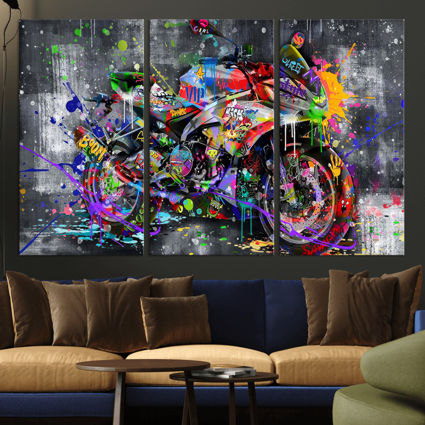 83021767-MGV-CV-36X24 - Graffiti Motorcycle Wall Art Canvas Print, Urban Street Art Motorbike Decor, Colorful Graffiti Sports Bike Artwork