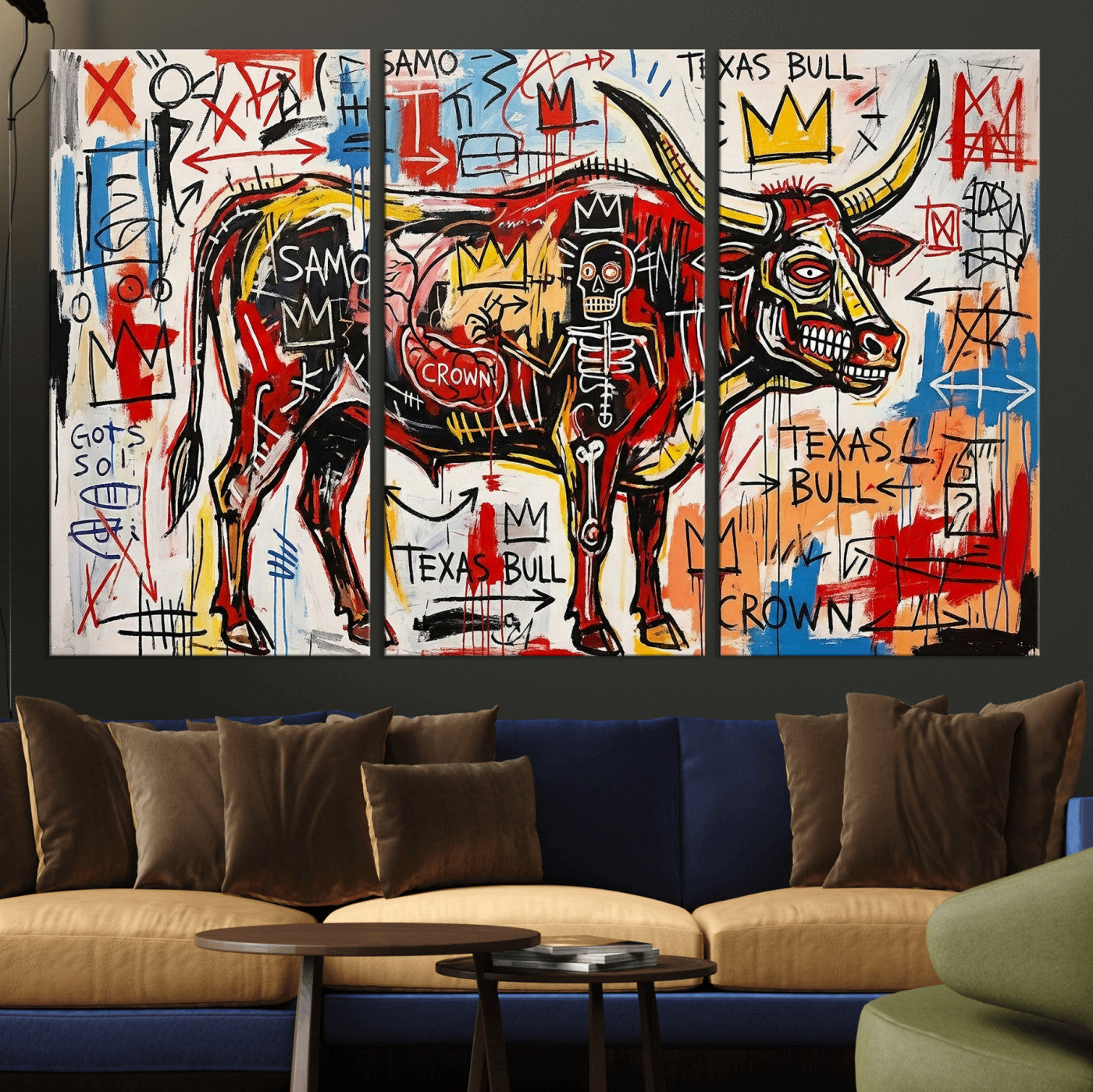 89504579-MGV-CV-36X24 - TITLE: Texas Bull Wall Art Canvas Print, Abstract Graffiti Bull Painting, Western Animal Art, Modern Ranch Decor