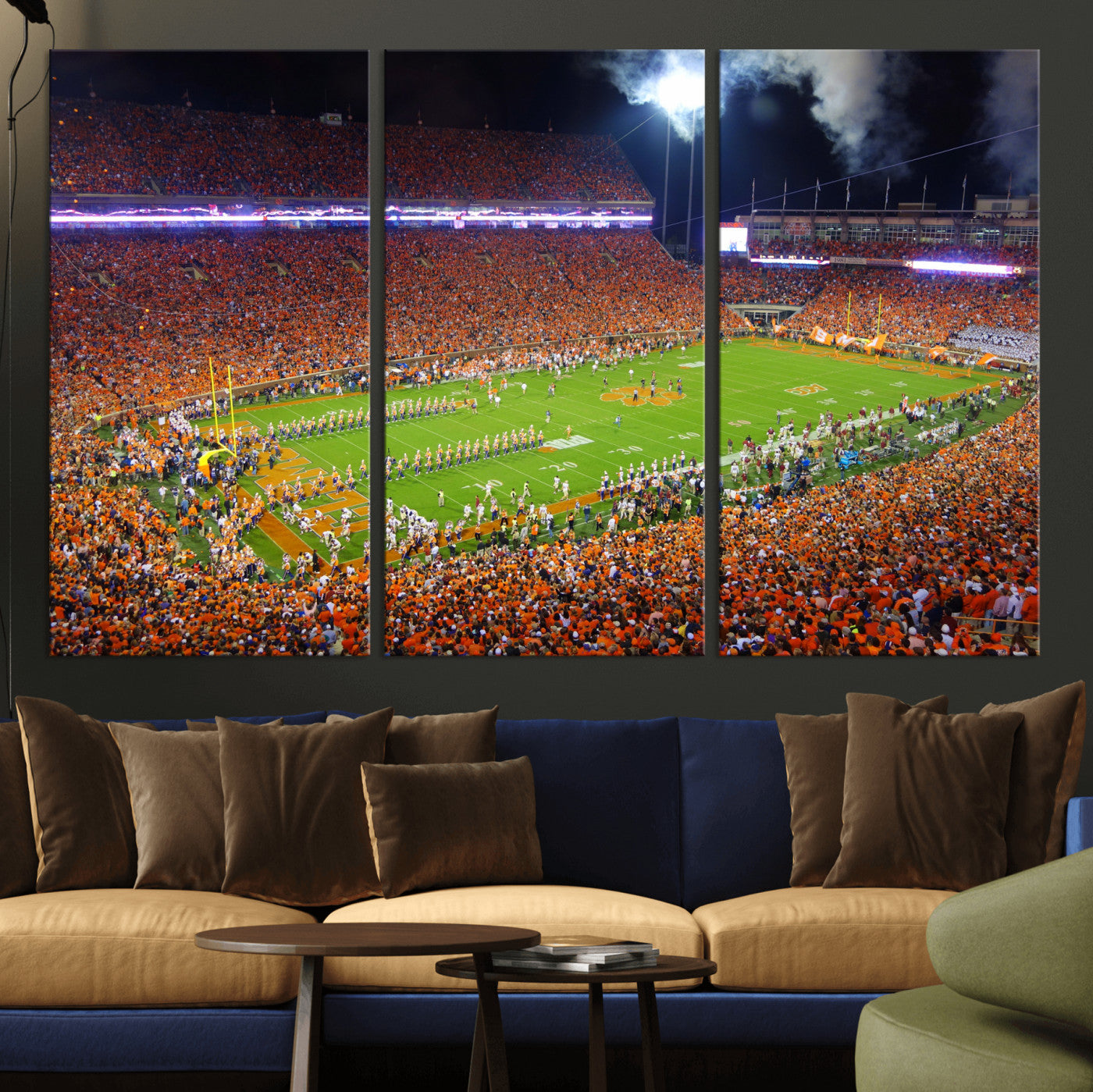 43662631-MGV-CV-36X24 - Clemson Football Stadium Wall Art Canvas Print, College Football Crowd Night Game Scene, Orange Stadium Panorama Wall Decor