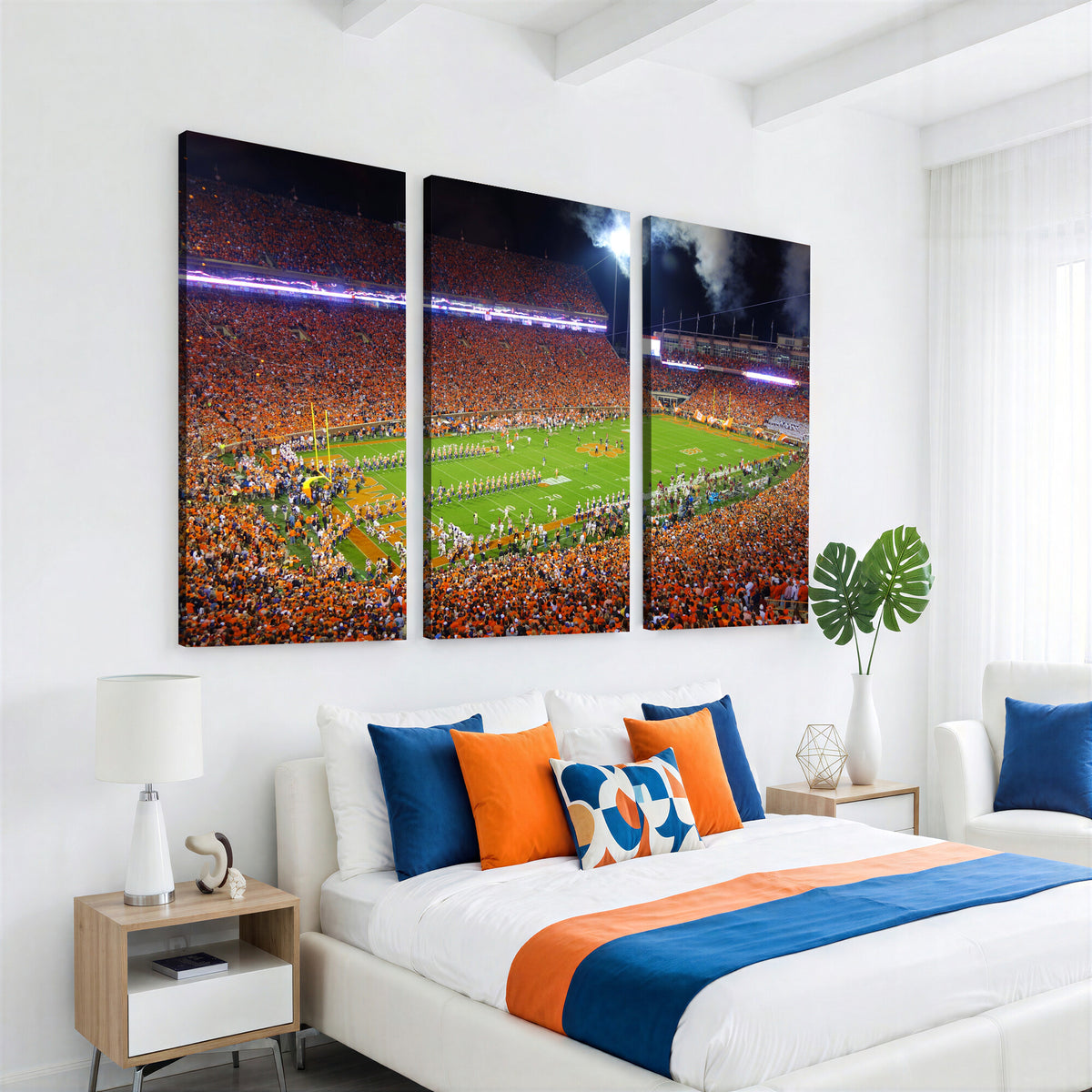 43662631-MGV-CV-36X24 - Clemson Football Stadium Wall Art Canvas Print, College Football Crowd Night Game Scene, Orange Stadium Panorama Wall Decor