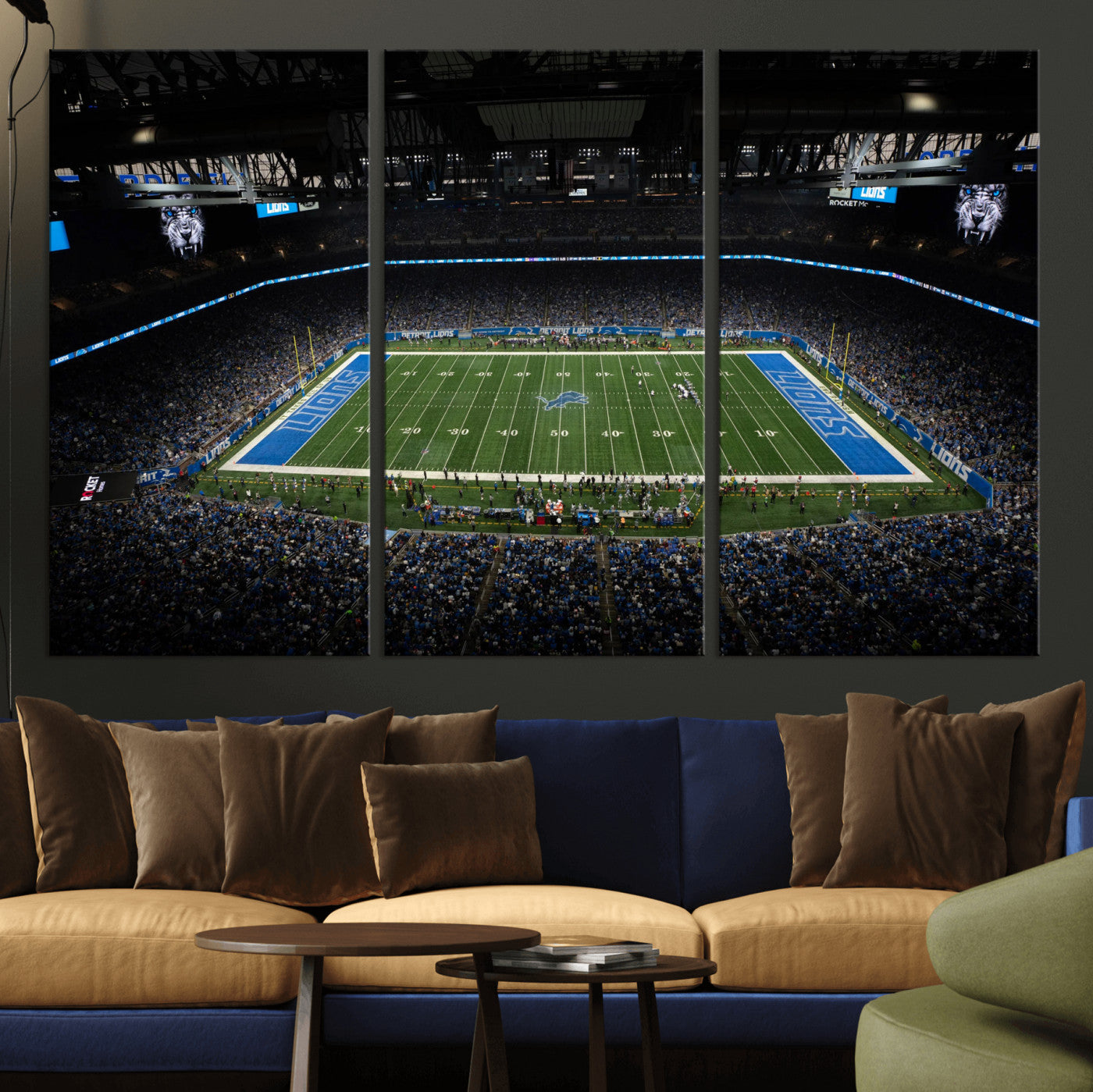 16709602-MGV-CV-36X24 - Detroit Lions Stadium Wall Art Canvas Print, Football Field Panorama Artwork, NFL Game Night Stadium Decor