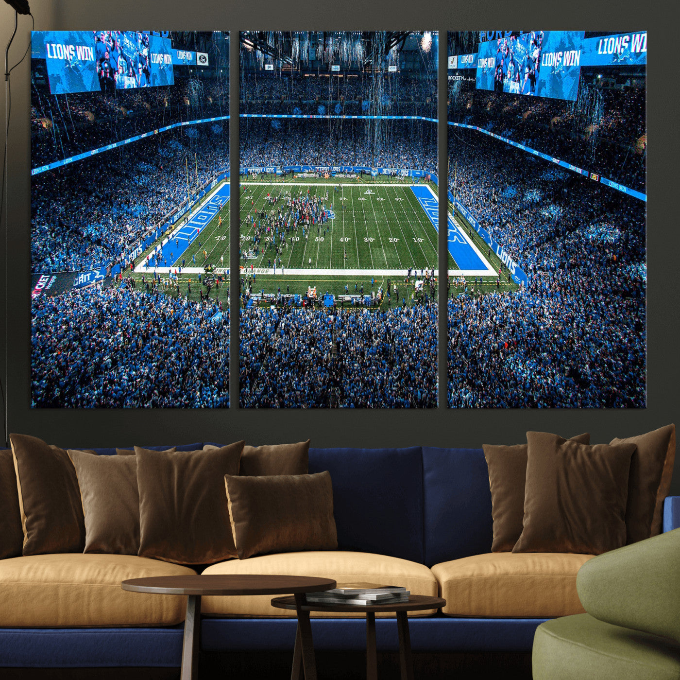 80882005-MGV-CV-36X24 - Detroit Lions Stadium Wall Art Canvas Print, Football Field Panorama Artwork, NFL Game Night Stadium Decor