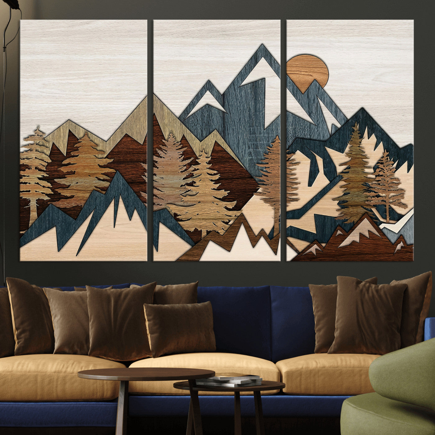 61833055-MGV-CV-36X24 - Mountain Forest Wall Art Canvas Print, Layered Wood Landscape Artwork, Rustic Nature Wall Decor for Living Room