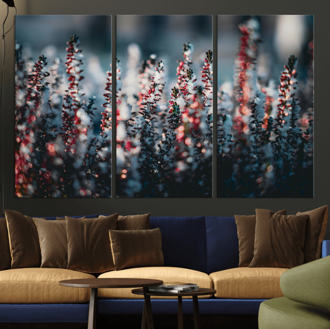 82063935-MGV-CV-36X24 - Winter Heather Wall Art Canvas Print, Frosted Floral Nature Art, Moody Botanical Wall Decor