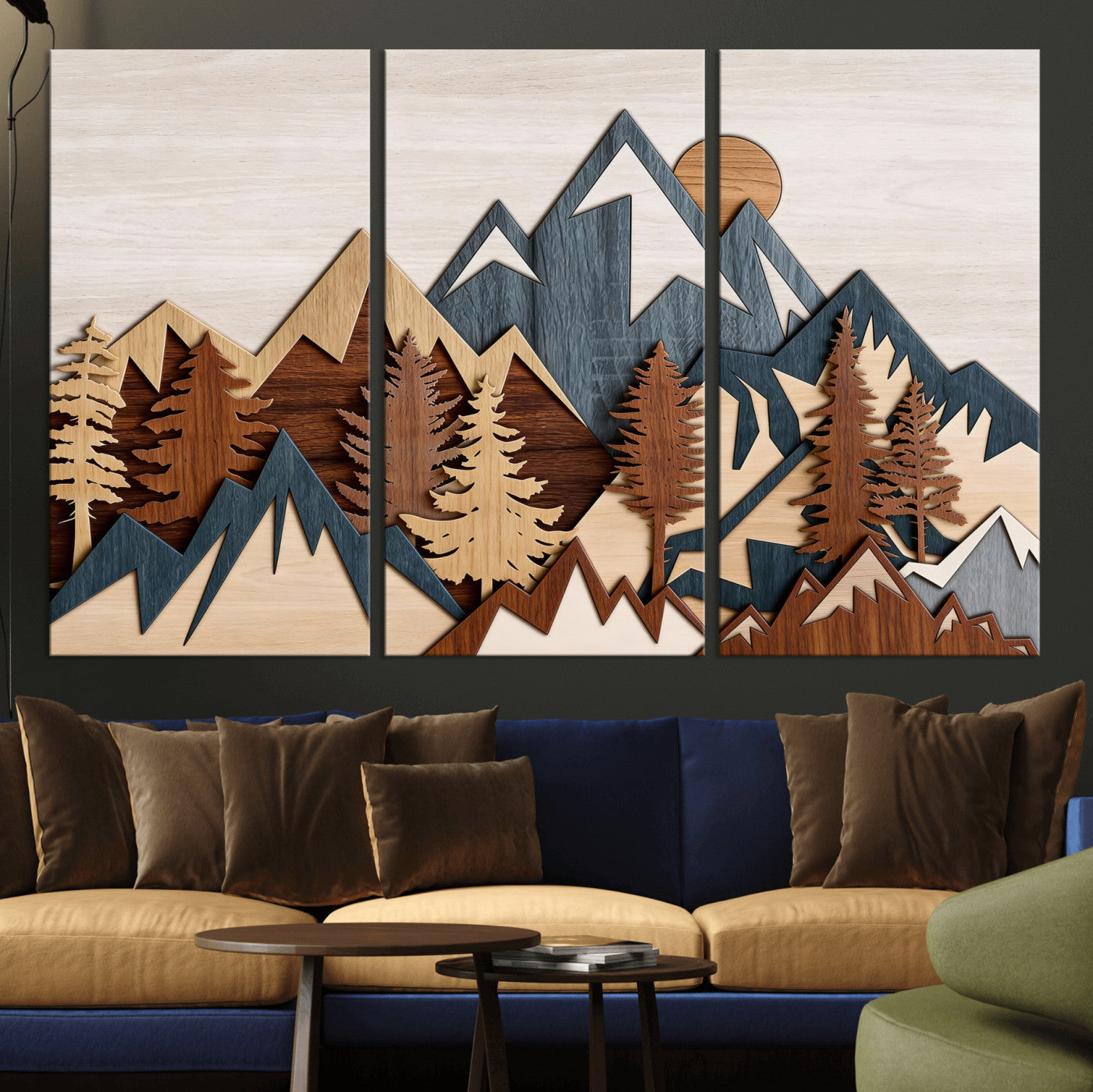 39888898-MGV-CV-36X24 - Layered Wooden Mountain Wall Art Canvas Print, Modern Rustic Forest and Pine Landscape Wall Decor