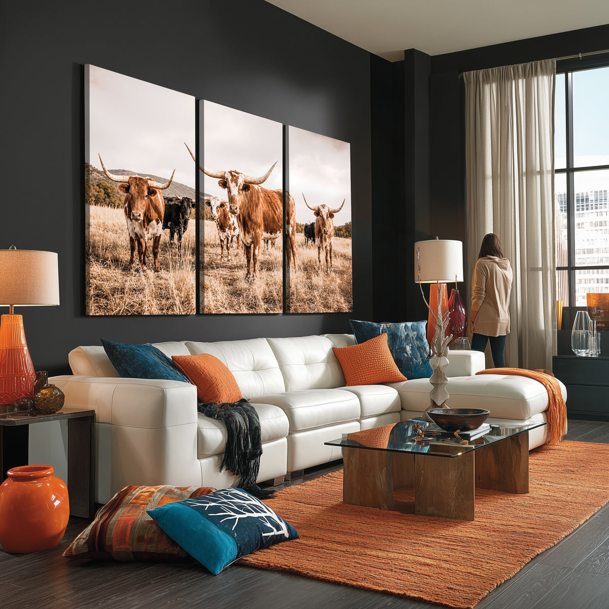 27539727-MGV-CV-36X24 - Texas Longhorn Cattle Wall Art Canvas Print, Sepia Western Decor