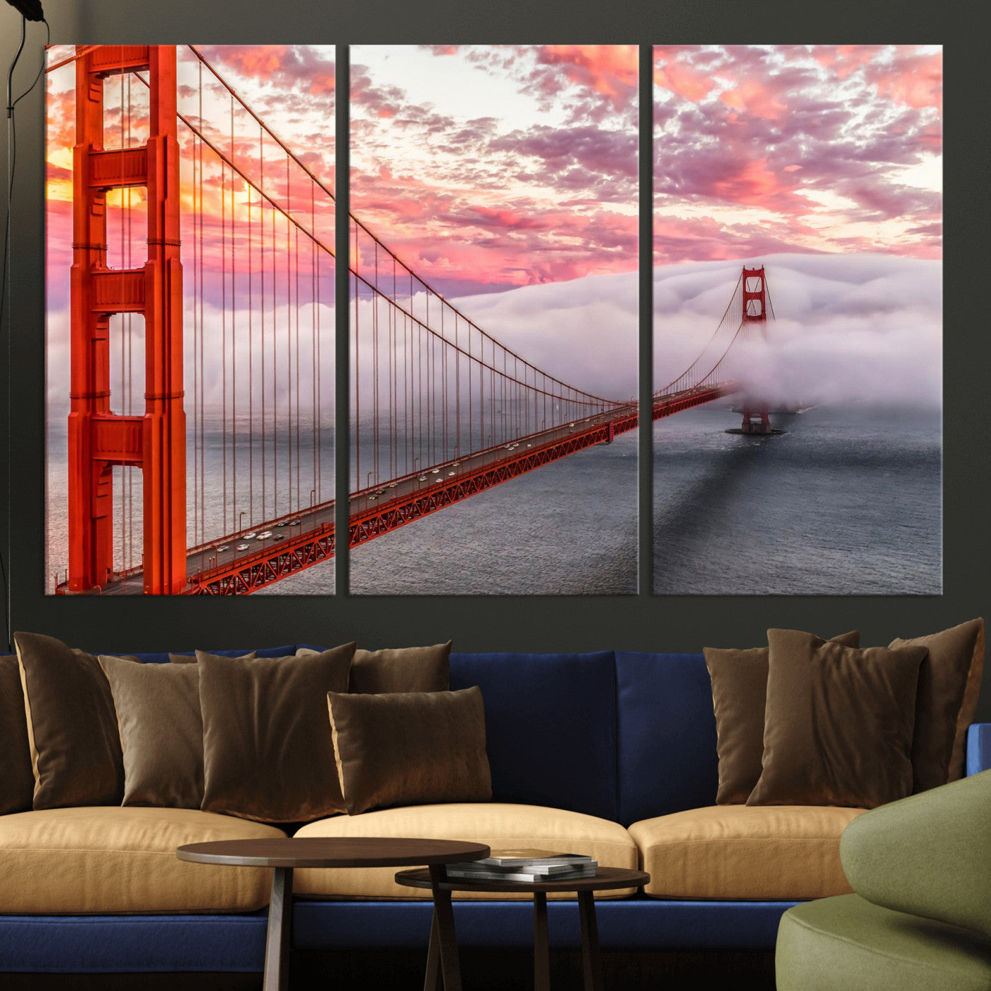 58813635-MGV-CV-36X24 - Golden Gate Bridge Wall Art Canvas Print, San Francisco City Landmark Wall Decor, Foggy Sunset Bridge Artwork, Modern Cityscape Canvas Wall Art, Framed Canvas Wall Art Ready to Hang