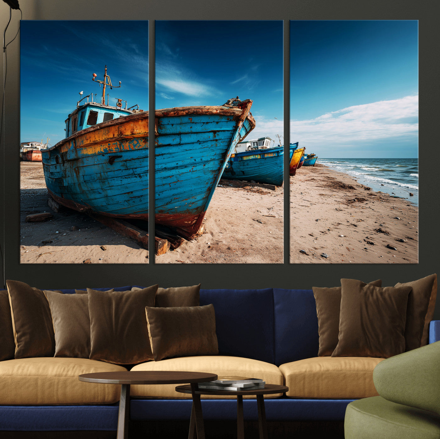 99726300-MGV-CV-36X24 - Coastal Fishing Boats Wall Art Canvas Print, Sunset Beach Boat Scene, Rustic Seaside Landscape Artwork, Calm Ocean Shore Wall Art