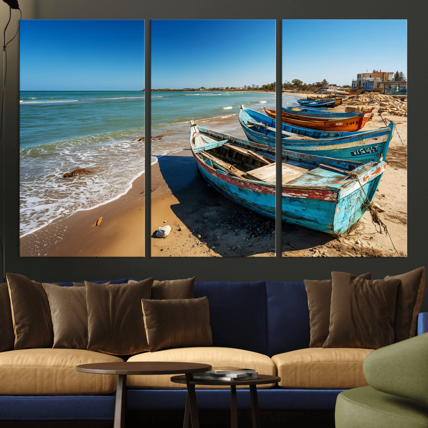 23003319-MGV-CV-36X24 - Coastal Fishing Boats Wall Art Canvas Print, Sunset Beach Boat Scene, Rustic Seaside Landscape Artwork, Calm Ocean Shore Wall Art