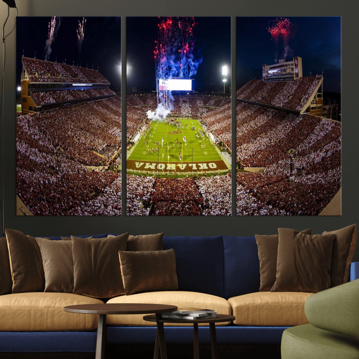 43197777-MGV-CV-36X24 - Oklahoma Memorial Stadium Wall Art Canvas Print – Oklahoma Sooners Football Artwork for Home, Office, and Sports Room Decor