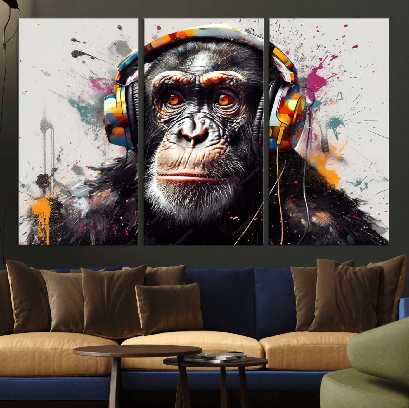 31244985-MGV-CV-36X24 - Dj Monkey Wall Art Canvas Print – Colorful Pop Art Banksy Graffiti Chimpanzee Print