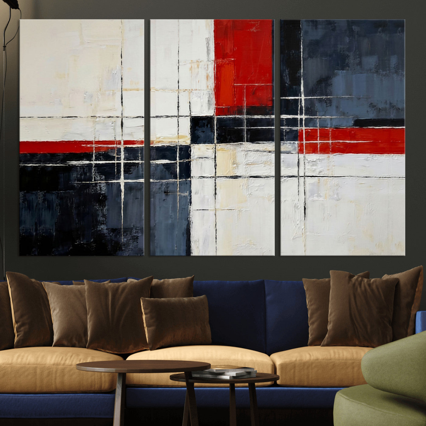 44088165-MGV-CV-36X24 - Navy Red Abstract Wall Art Canvas Print, Modern Luxury Geometric Painting Wall Decor for Living Room and Office