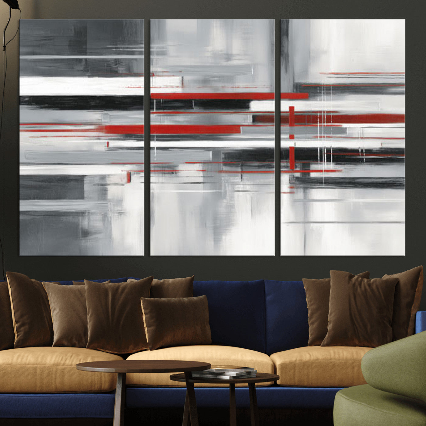 62640681-MGV-CV-36X24 - Gray Red Abstract Wall Art Canvas Print, Modern Abstract Canvas Wall Decor for Contemporary Living Room and Office