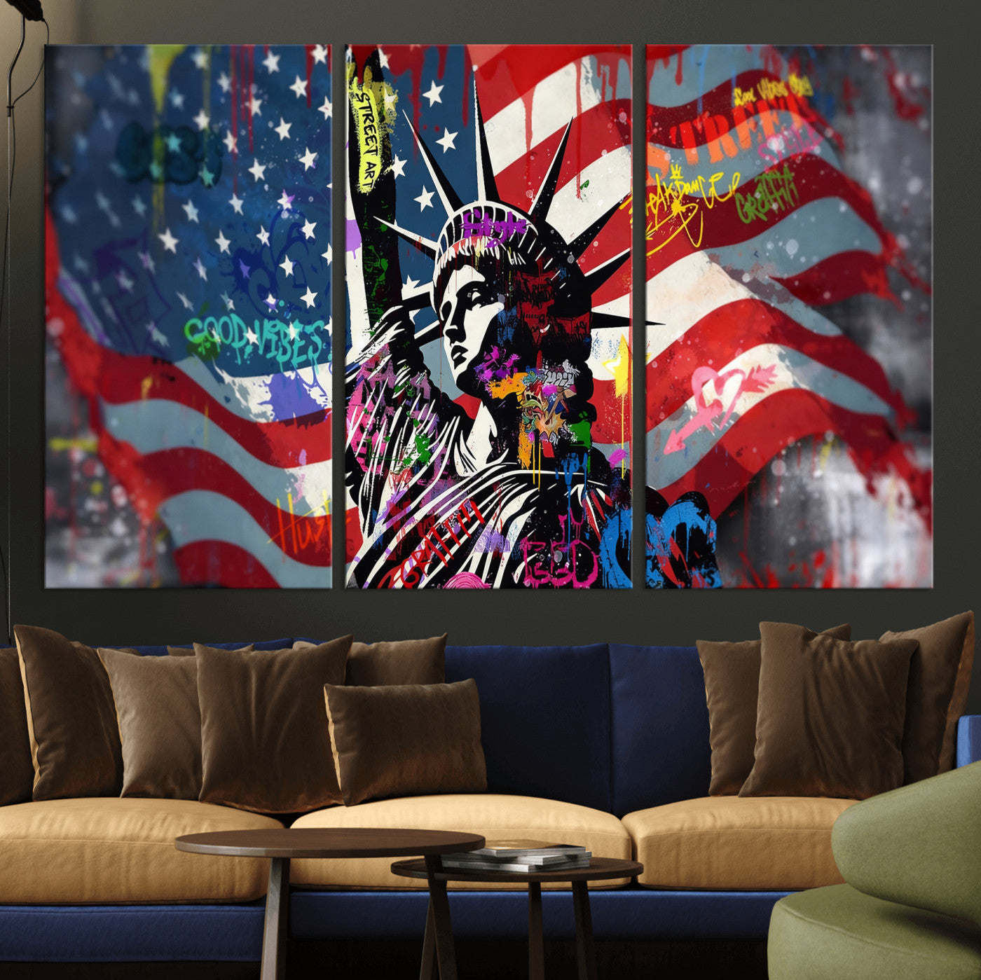 32151941-MGV-CV-36X24 - USA Statue of Liberty Graffiti Street Art Wall Art Canvas Print, American Flag Urban Pop Art Canvas Print, Modern Patriotic Street Art Contemporary Art Printing