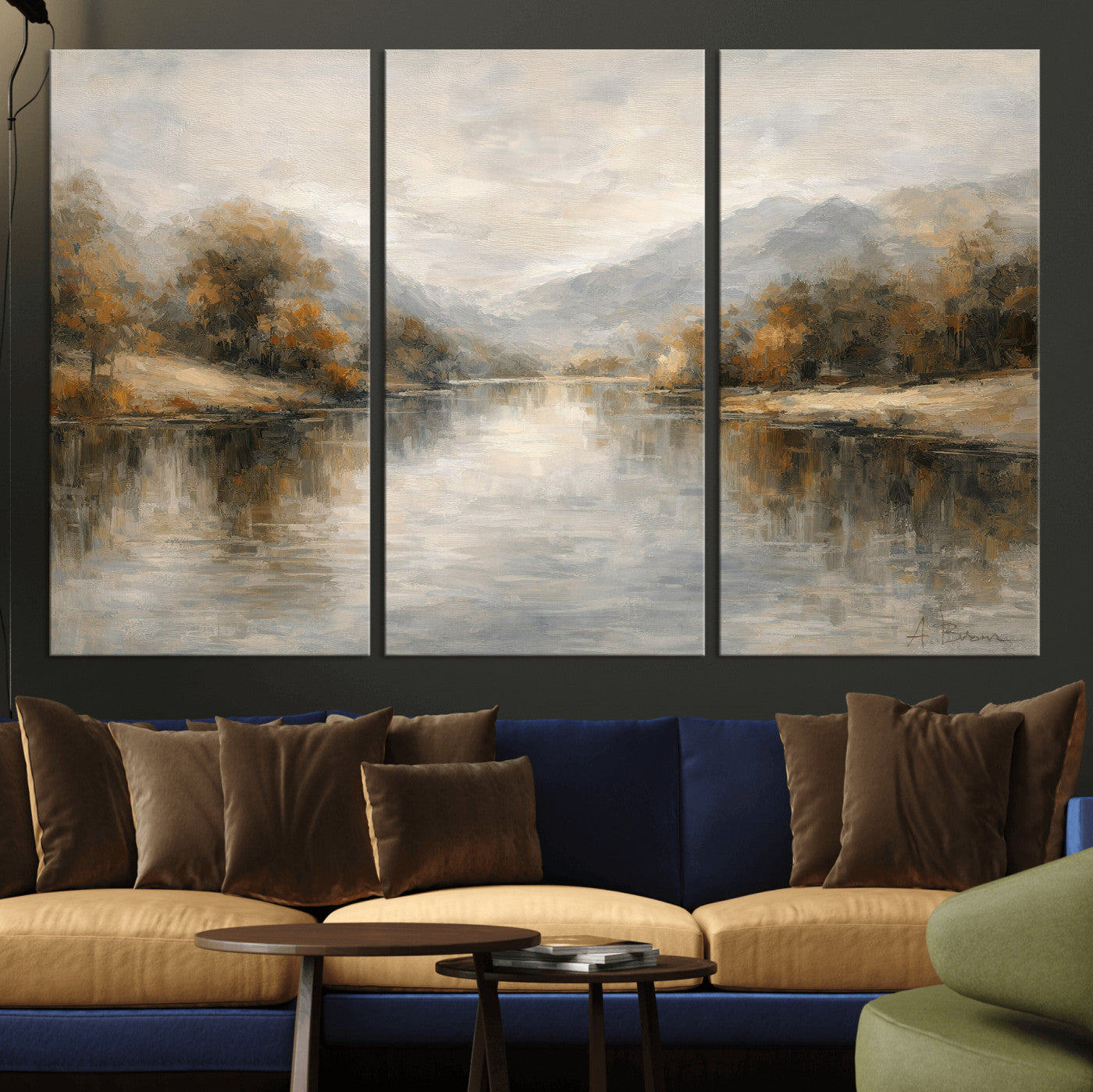 29251761-MGV-CV-36X24 - Neutral Abstract River Landscape Wall Art Canvas Print, Modern Minimal Nature Reflection Canvas Print, Beige Gray Contemporary Mountain Art Printing
