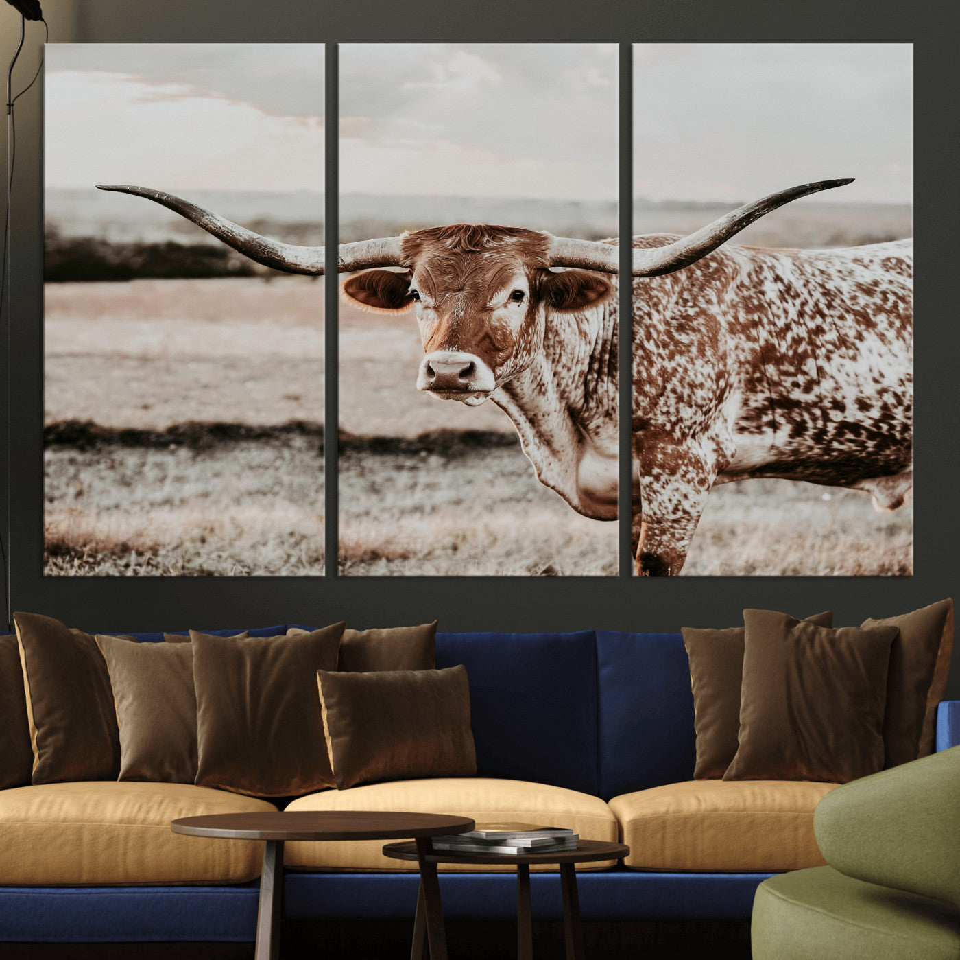 73897046-MGV-CV-36X24 - Texas Longhorn Bull Rustic Wall Art Canvas Print, Western Cattle Photography Canvas Print, Ranch Farm Animal Western Art Printing