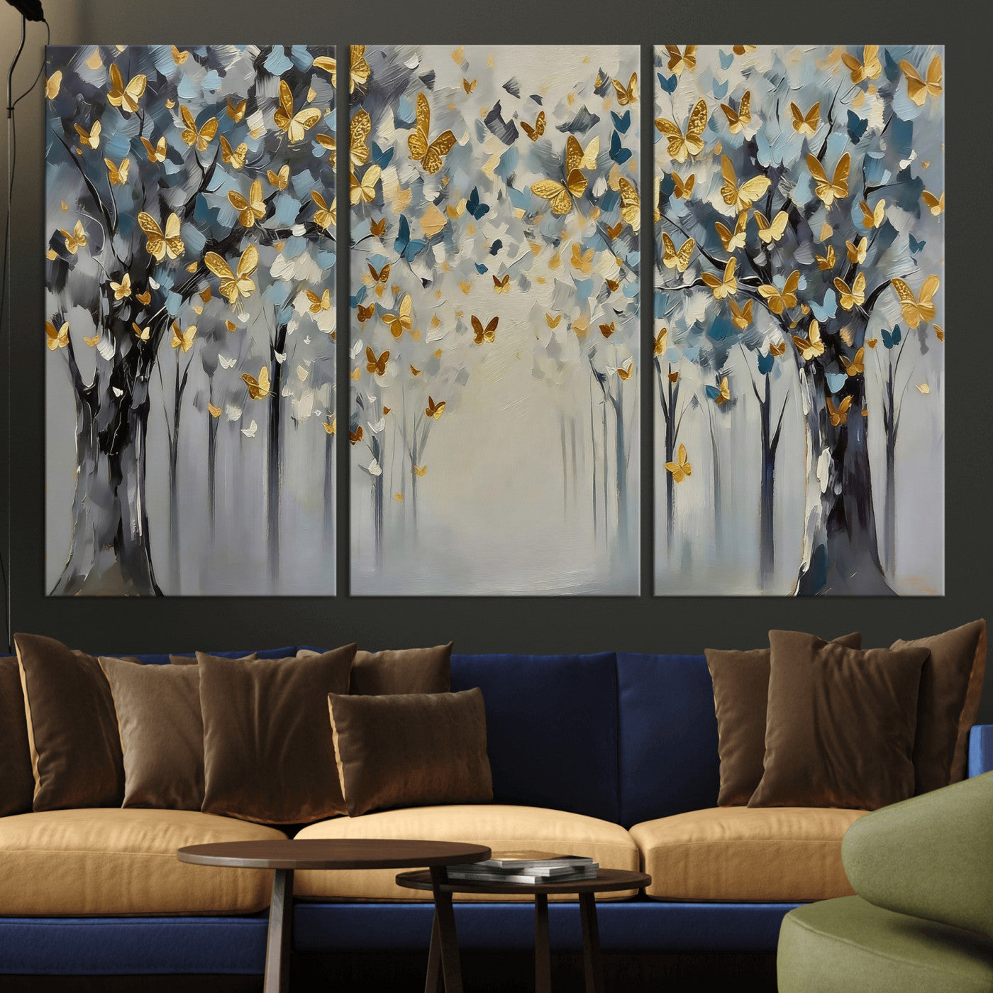 79208191-MGV-CV-36X24 - Golden Butterfly Tree Abstract Wall Art Canvas Print, Modern Elegant Nature Painting Canvas Print, Blue Gold Contemporary Floral Art Printing
