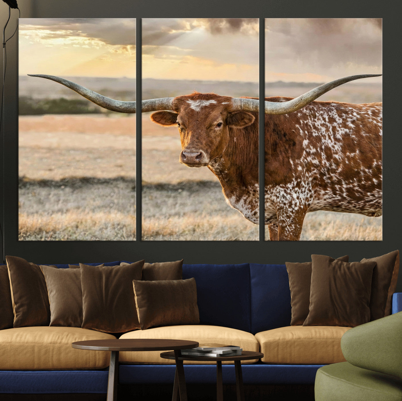 16502384-MGV-CV-36X24 - Texas Longhorn Wall Art Canvas Print, Western Ranch Bull Photography Canvas Print, Rustic Farmhouse Cattle Artwork for Living Room Decor