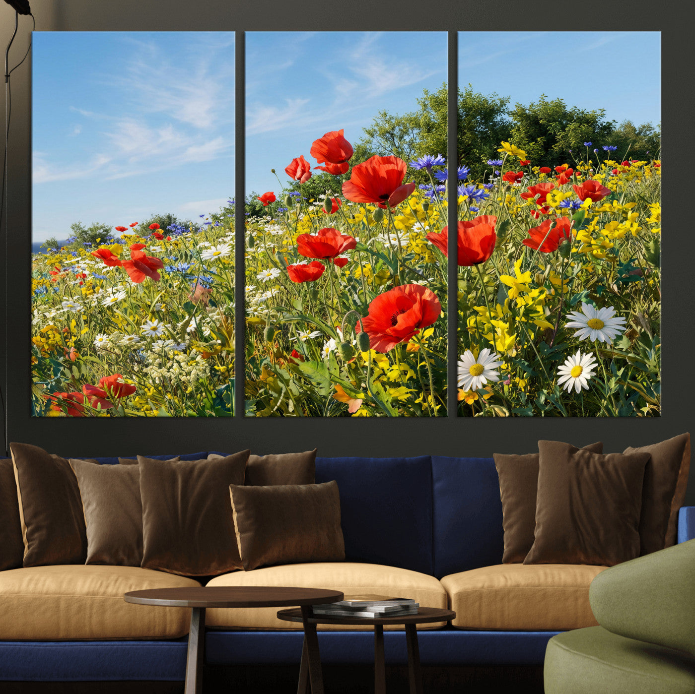 38570784-MGV-CV-36X24 - Wildflower Meadow Wall Art Canvas Print – Colorful Poppy and Daisy Field Landscape Artwork for Living Room Decor