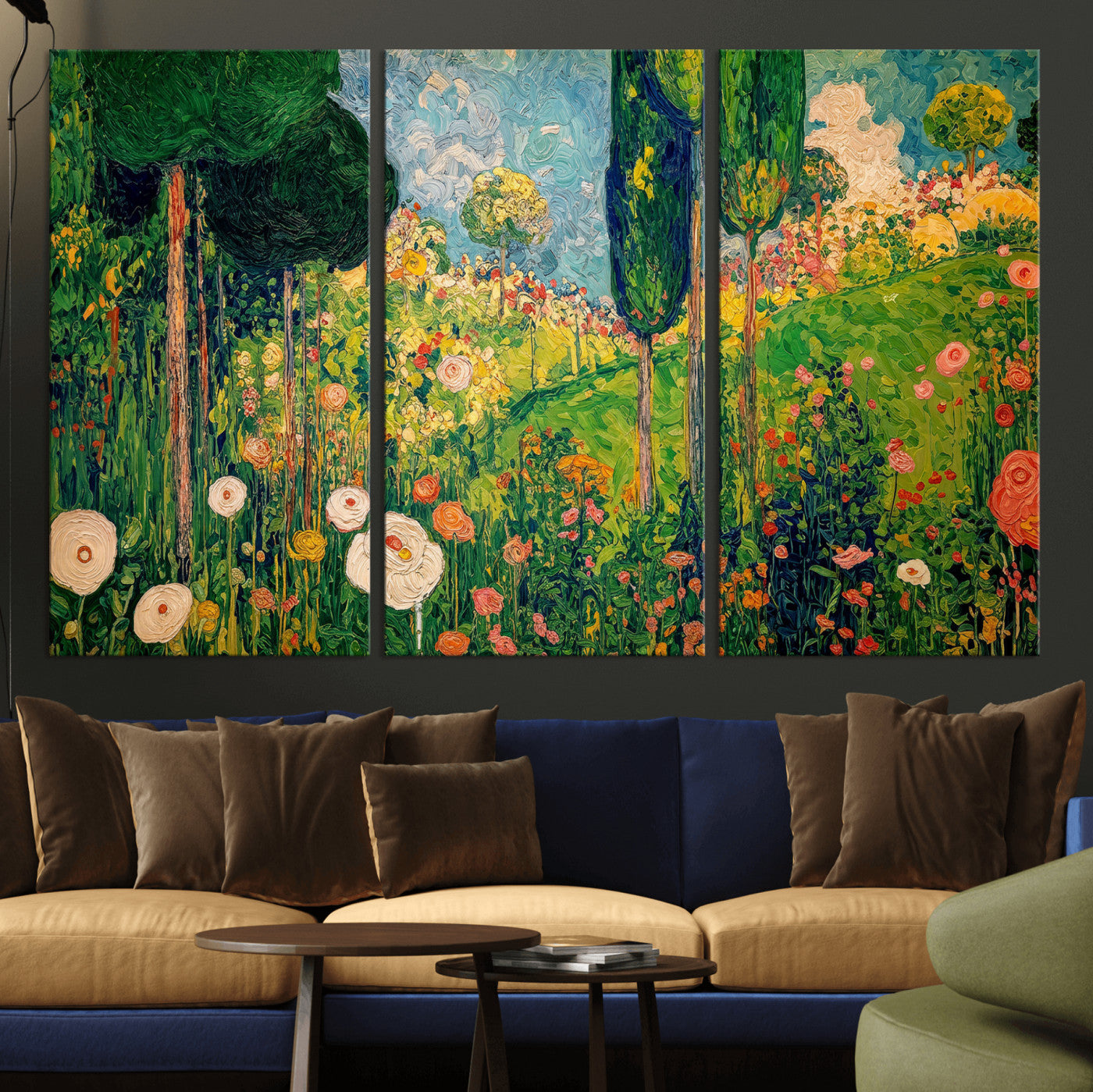 83517974-MGV-CV-36X24 - Gustav Klimt Boho Mountain Landscape Large Wall Art, Horizontal Gold Framed Canvas Print with Sun and Flowers