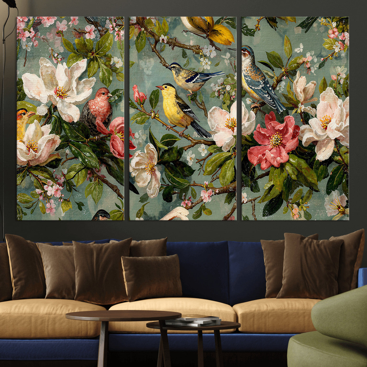 77883606-MGV-CV-36X24 - Vintage Birds and Flowers Wide Wall Art: Extra Large Panoramic Botanical Print