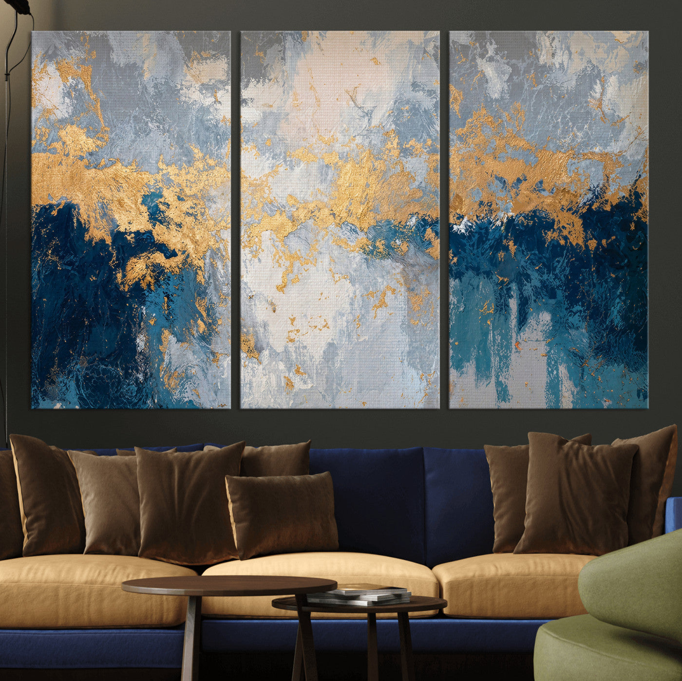 65386119-MGV-CV-36X24 - Blue Gold Abstract Large Framed Canvas Wall Art, Modern Luxury Painting Print in Horizontal Oversized Minimal Wall Decor Artwork