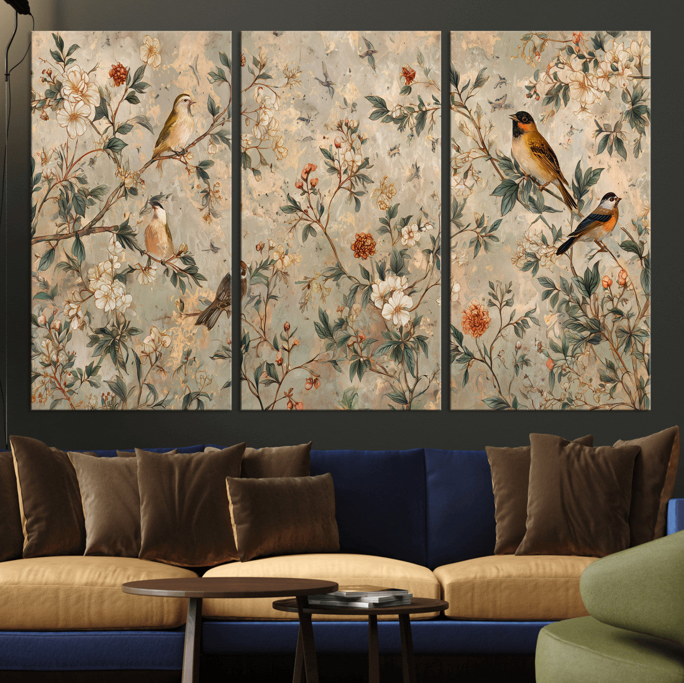 76588438-MGV-CV-36X24 - Vintage Birds and Flowers Wall Art Canvas Print, Botanical Bird Painting Canvas Print, Floral Garden Bird Artwork Canvas Print, Classic Bird Flower Painting Canvas Print