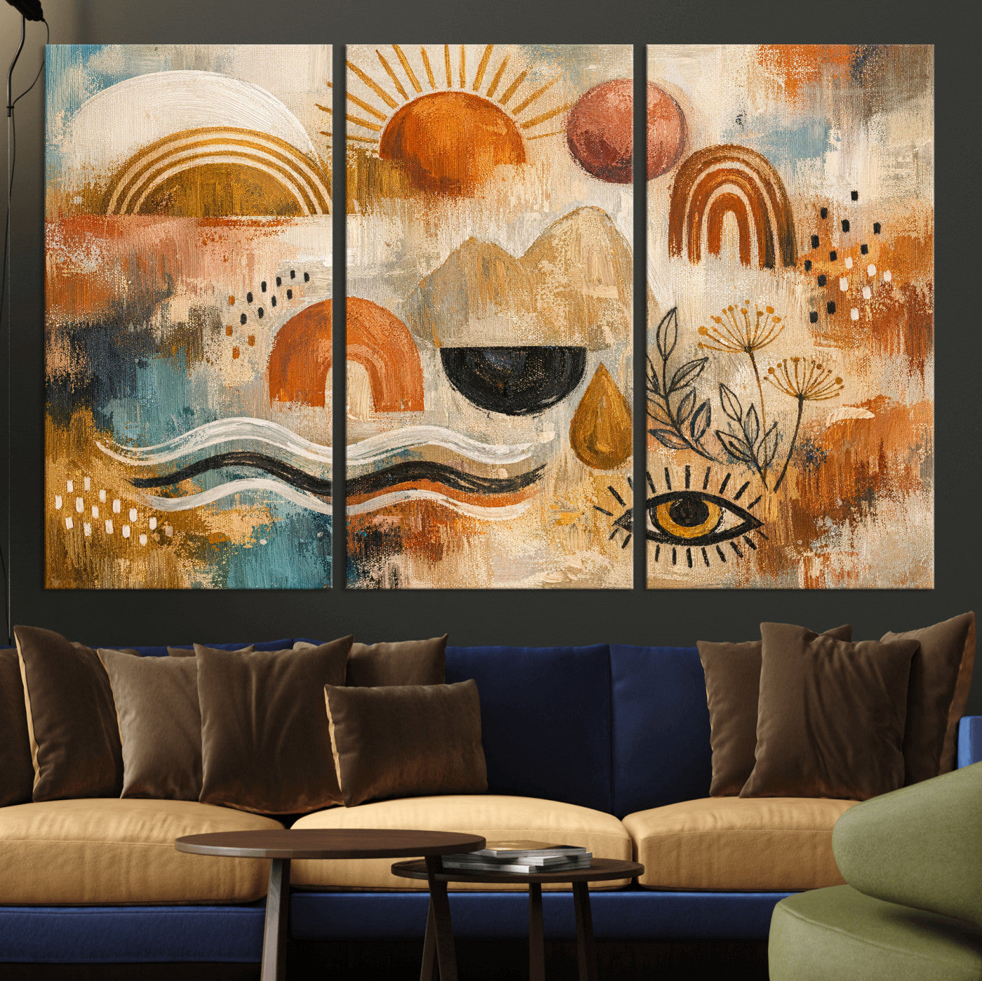 52155239-MGV-CV-36X24 - Geometric Boho Abstract Wall Art Canvas Print, Orange Blue Abstract Expressionist Painting Print, Modern Geometric Abstract Canvas Art