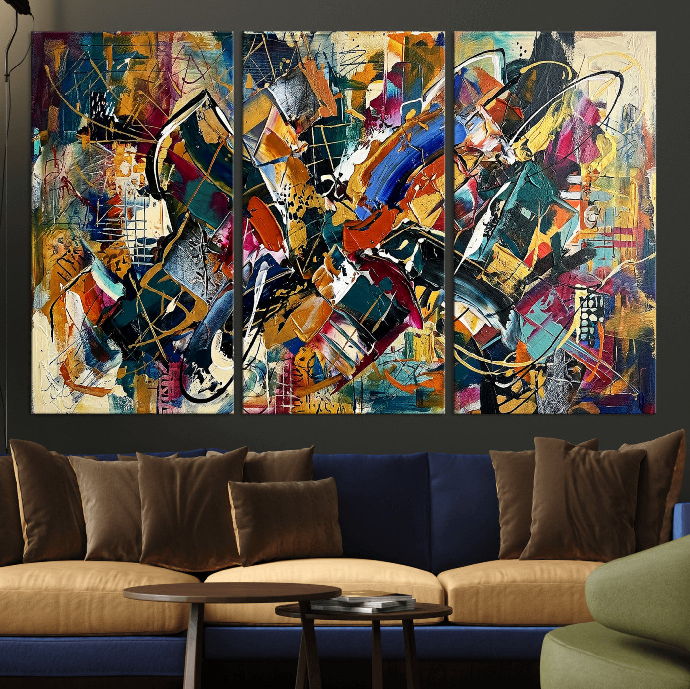 15525527-MGV-CV-36X24 - Geometric Abstract Wall Art Canvas Print, Orange Blue Abstract Expressionist Painting Print, Modern Geometric Abstract Canvas Art