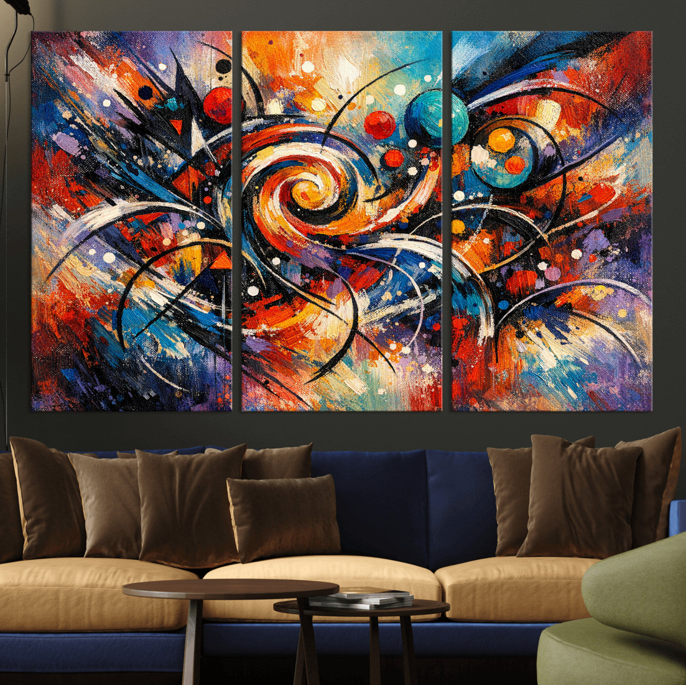 60193267-MGV-CV-36X24 - Geometric Abstract Wall Art Canvas Print, Orange Blue Abstract Expressionist Painting Print, Modern Geometric Abstract Canvas Art