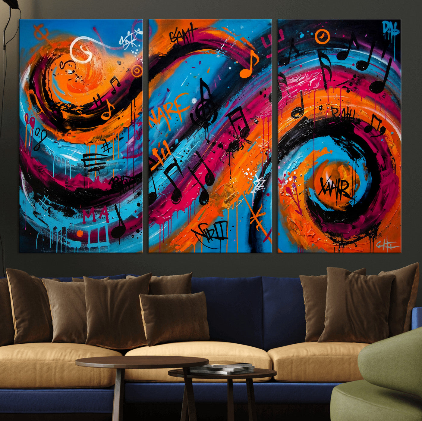 34936518-MGV-CV-36X24 - Geometric Abstract Wall Art Canvas Print, Orange Blue Abstract Expressionist Painting Print, Modern Geometric Abstract Canvas Art