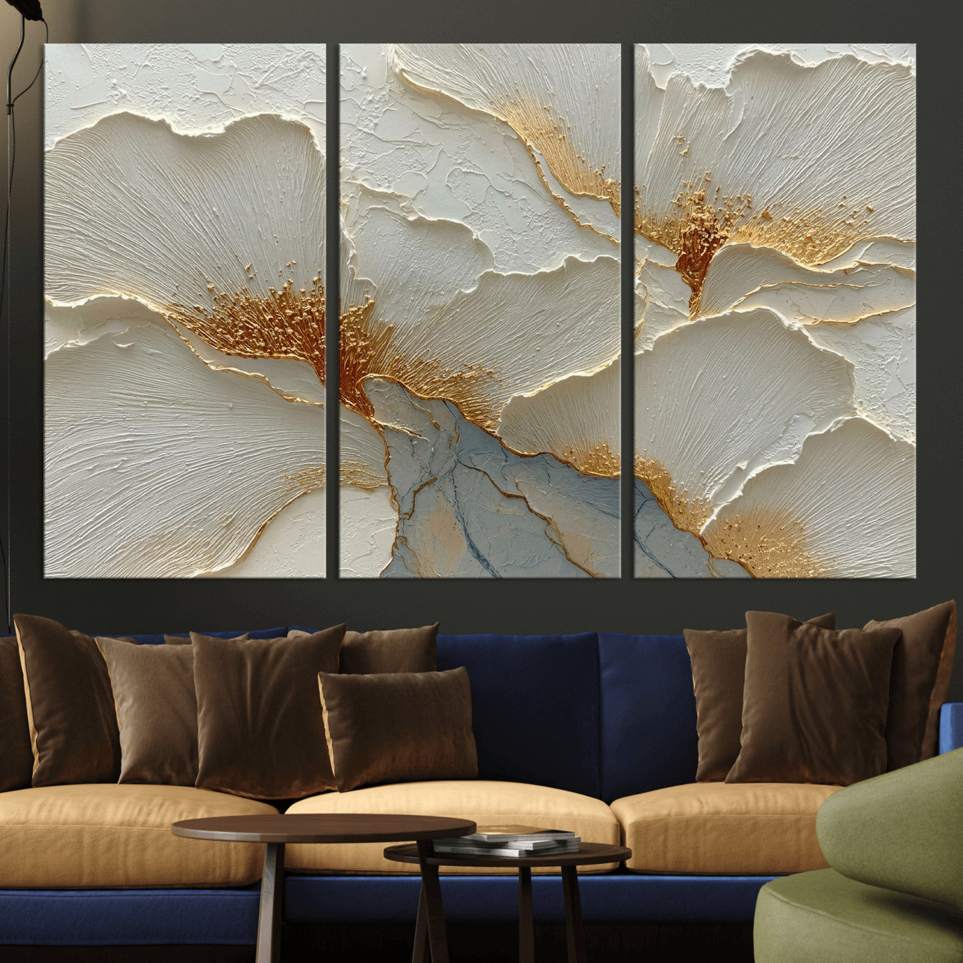 4712069F1-MGV-CV-36X24 - White Gold Floral Canvas Wall Art — Textured Flower Print | Luxury Botanical Decor | Elegant Bedroom Art | Gold Leaf Wall Art Gift