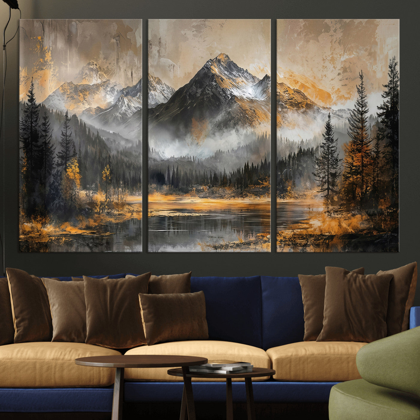 4712069D1-MGV-CV-36X24 - Mountain Lake Canvas Wall Art — Rustic Forest Landscape Print | Gold Grey Nature Decor | Cabin Wall Art | Large Wilderness Art Print Gift