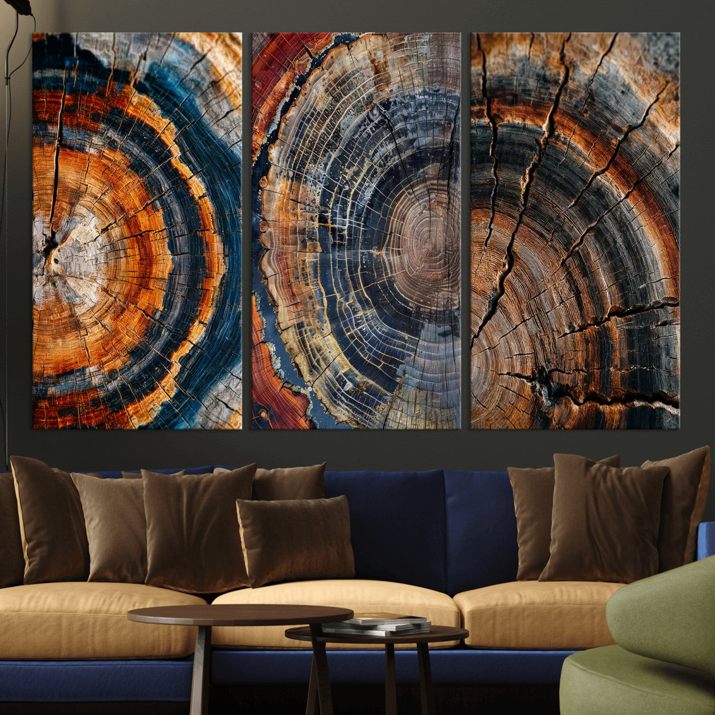 4712069W1-MGV-CV-48X32-3P - Tree Ring Triptych Canvas Wall Art — Set of 3 Wood Grain Print | Rustic Nature Decor | Earth Tone Wall Art | Unique Living Room Art Gift