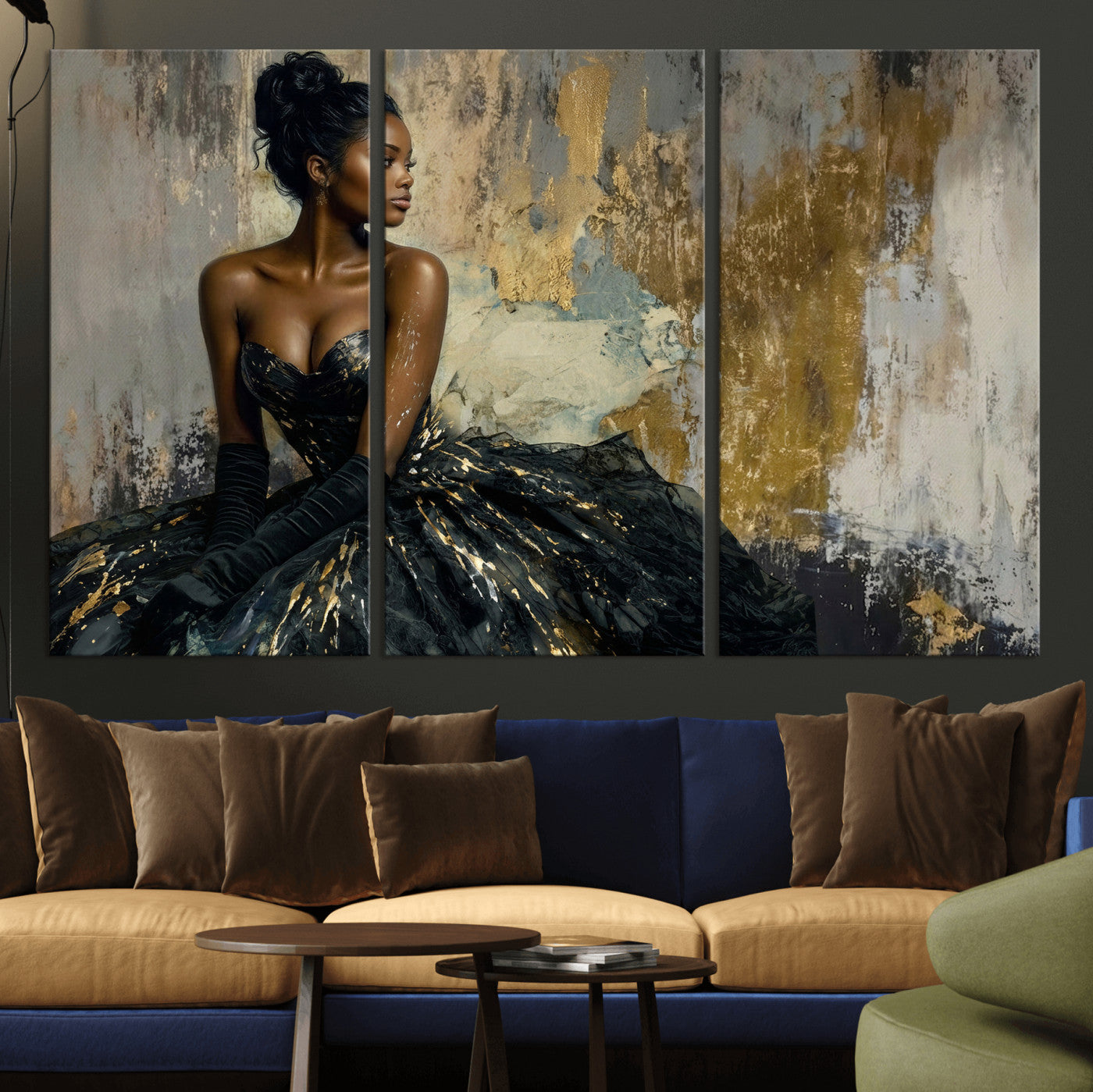4712069Z1-MGV-CV-36X24 - Elegant Woman Canvas Wall Art — Black Gold Gown Fashion Print | Luxury Glam Wall Decor | African American Art | Bold Bedroom Wall Art Gift