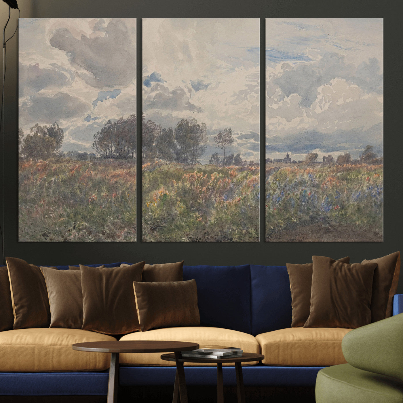 76626885-MGV-CV-36X24 - Vintage Watercolor Meadow Canvas Wall Art — English Pastoral Wildflower Storm Sky Print | Cottagecore Nature Decor | Classic Landscape Gift