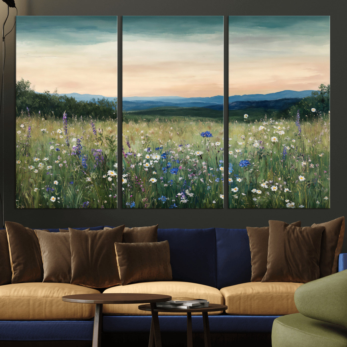 35773805-MGV-CV-36X24 - Wildflower Meadow Oil Painting Canvas — Daisy Lavender Mountain Sunset Print | Cottagecore Floral Wall Art | Bedroom Decor Gift for Her