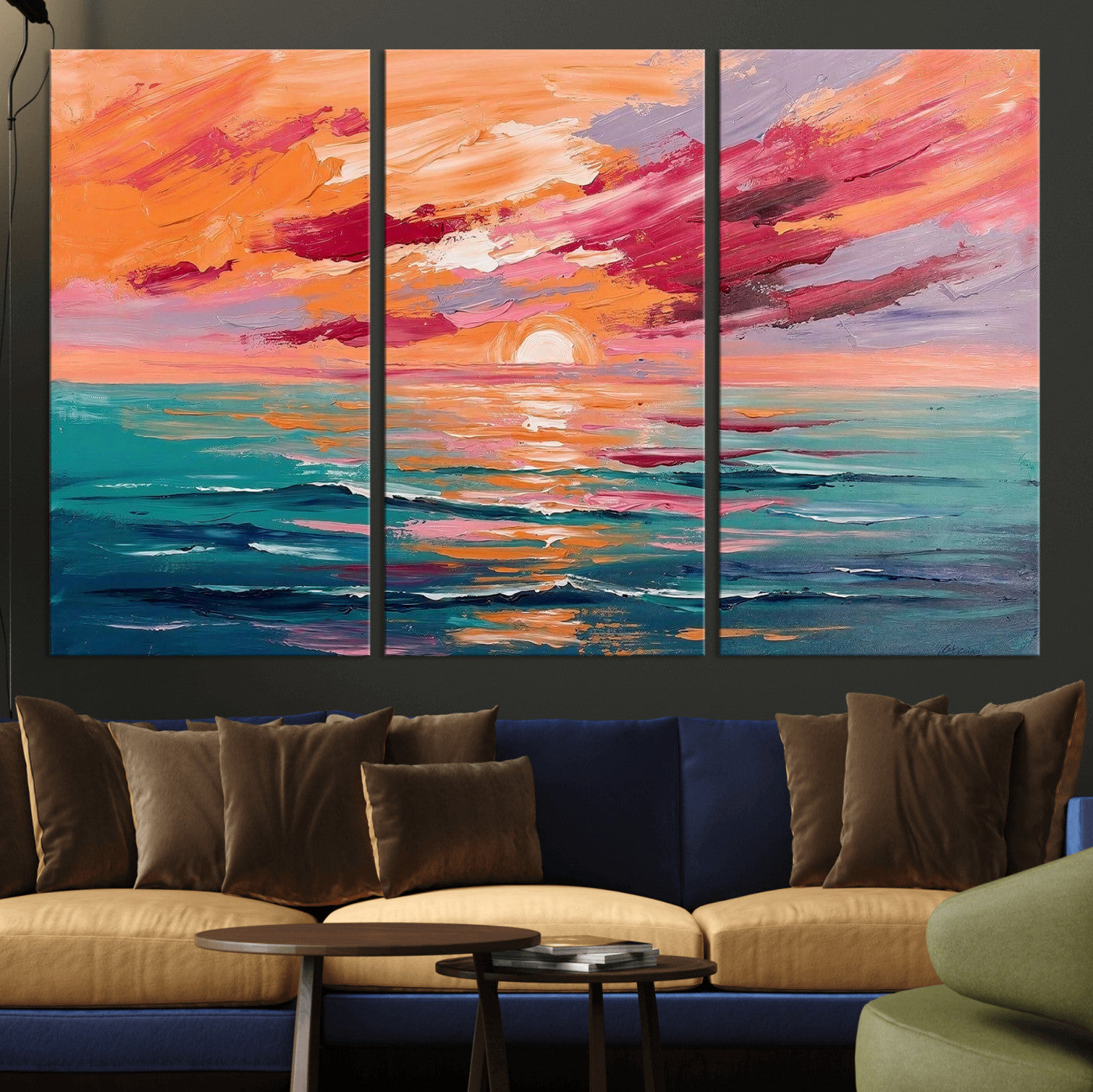 26763902-MGV-CV-36X24 - Bold Palette Knife Ocean Sunset Canvas — Orange Pink Teal Expressionist Sea Print | Colorful Coastal Wall Art | Vibrant Beach Decor Gift